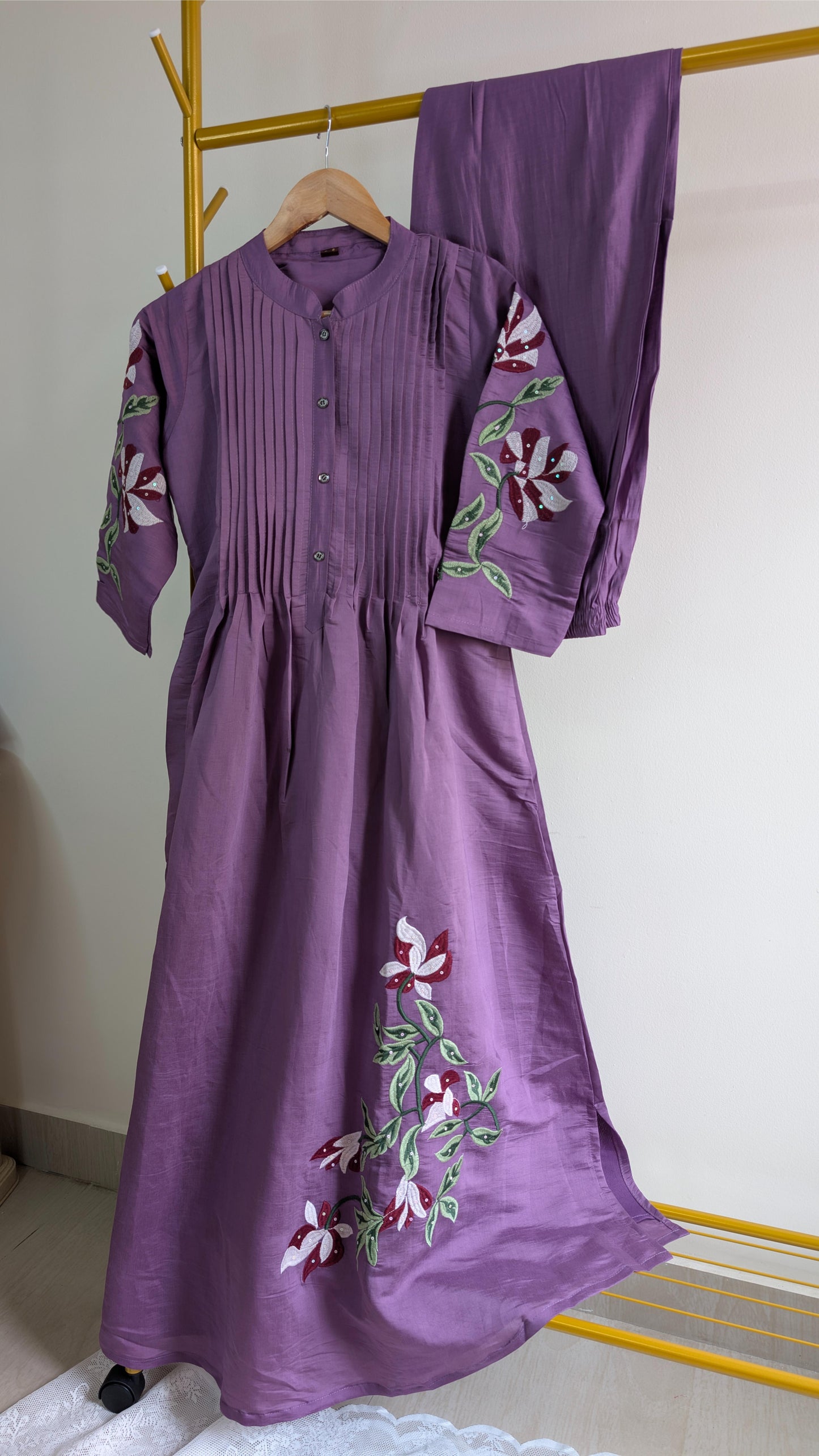 Purple Cotton Kurti Set with Floral Embroidered Sleeves (AC00021-2)