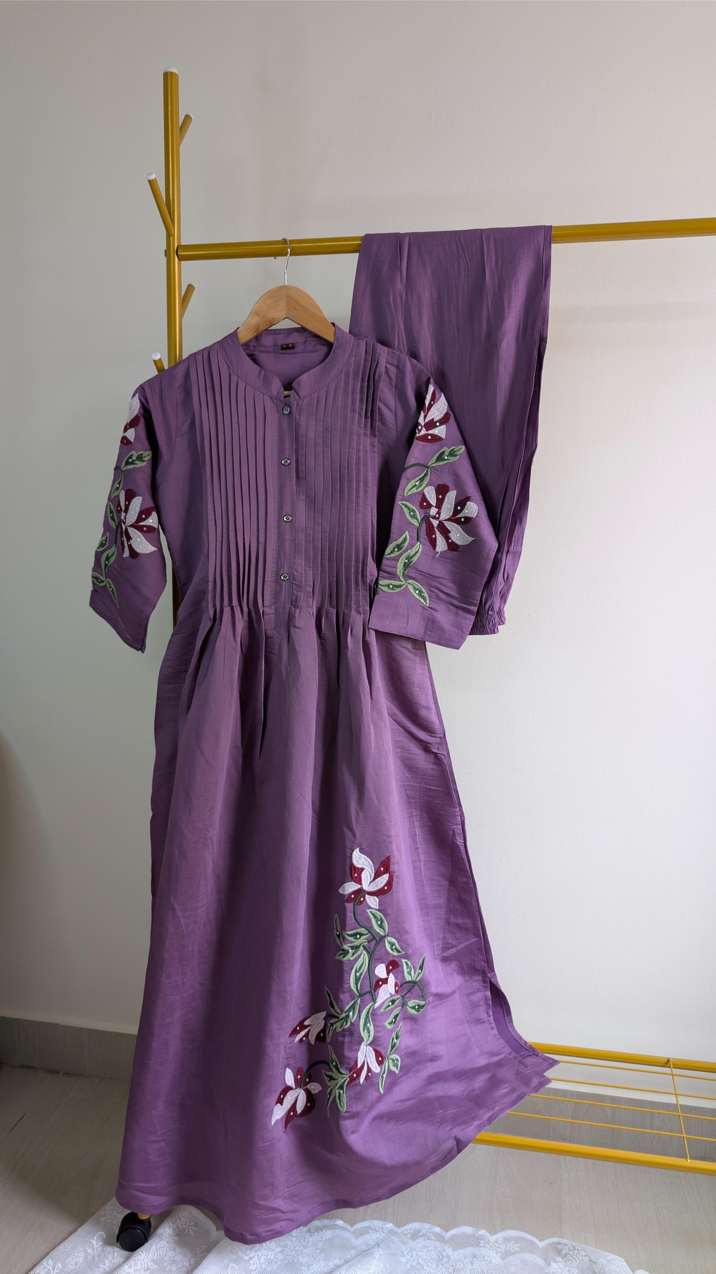 Purple Cotton Kurti Set with Floral Embroidered Sleeves (AC00021-2)