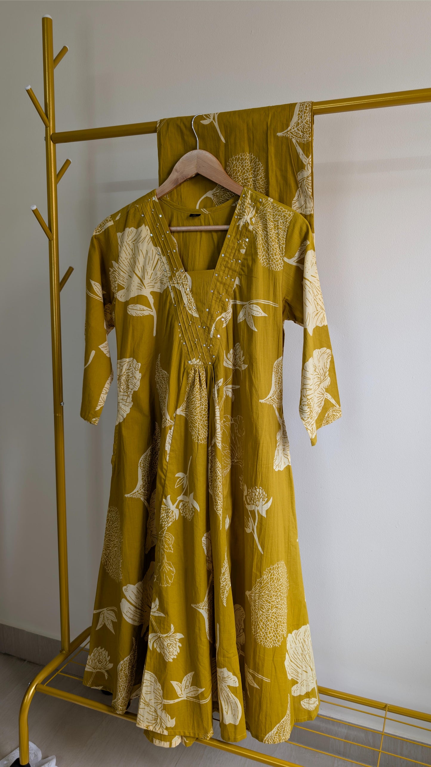 Floral Print Flared Cotton Kurti Set – Mustard Yellow & Red (AC00035)