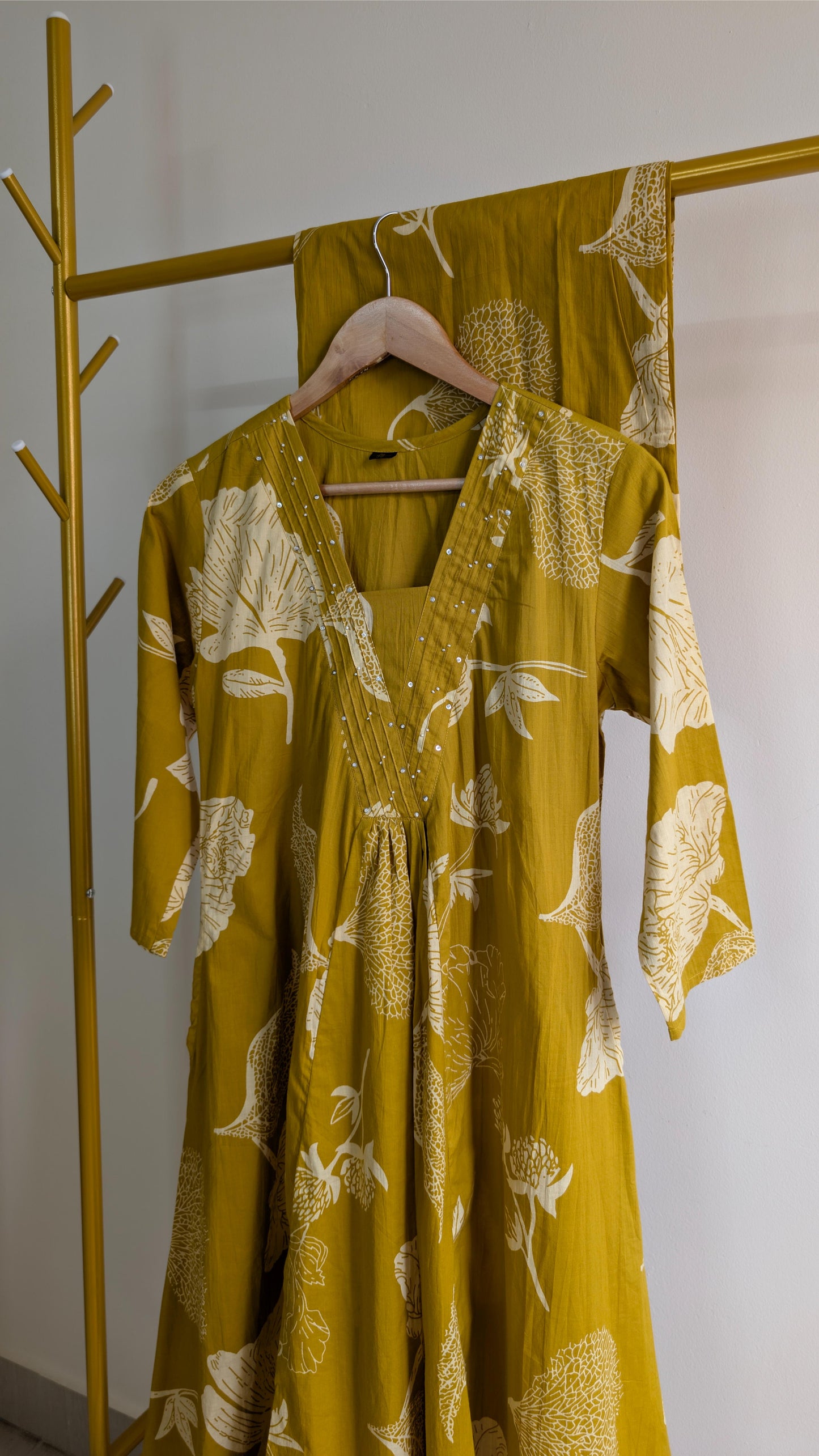 Floral Print Flared Cotton Kurti Set – Mustard Yellow & Red (AC00035)