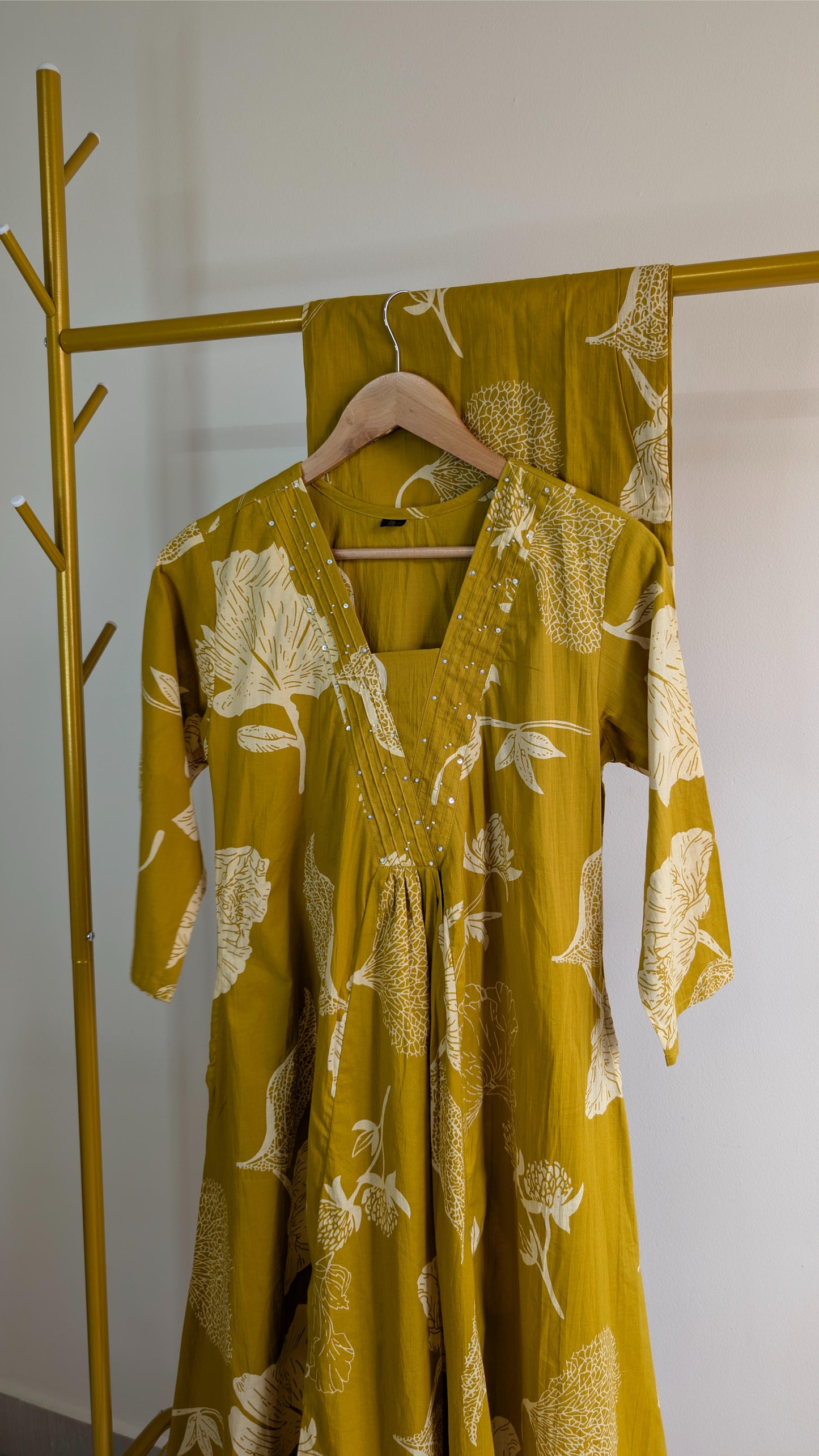 Floral Print Flared Cotton Kurti Set – Mustard Yellow & Red (AC00035)