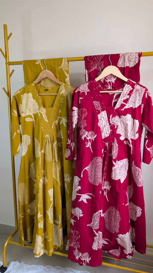Floral Print Flared Cotton Kurti Set – Mustard Yellow & Red (AC00035)