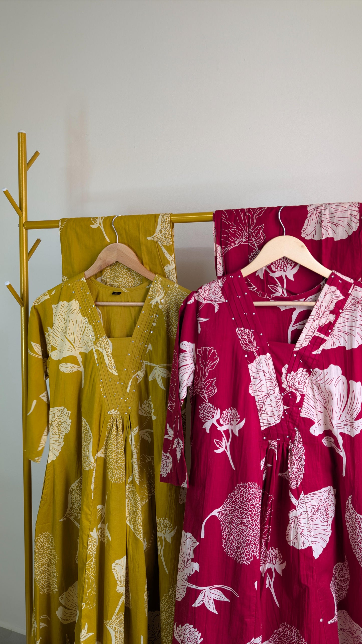 Floral Print Flared Cotton Kurti Set – Mustard Yellow & Red (AC00035)