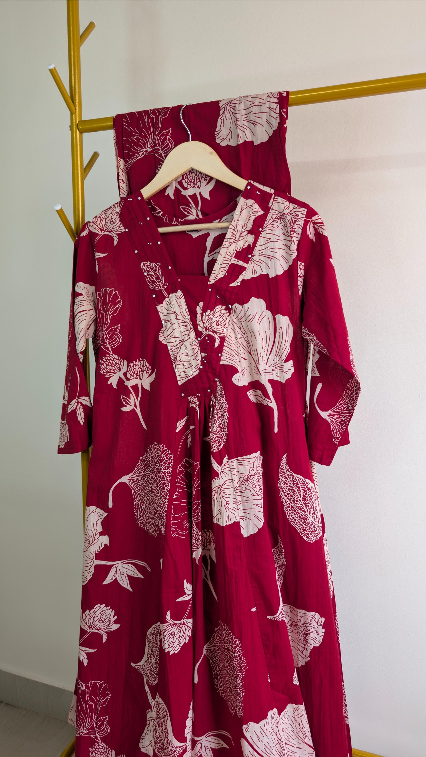 Floral Print Flared Cotton Kurti Set – Mustard Yellow & Red (AC00035)