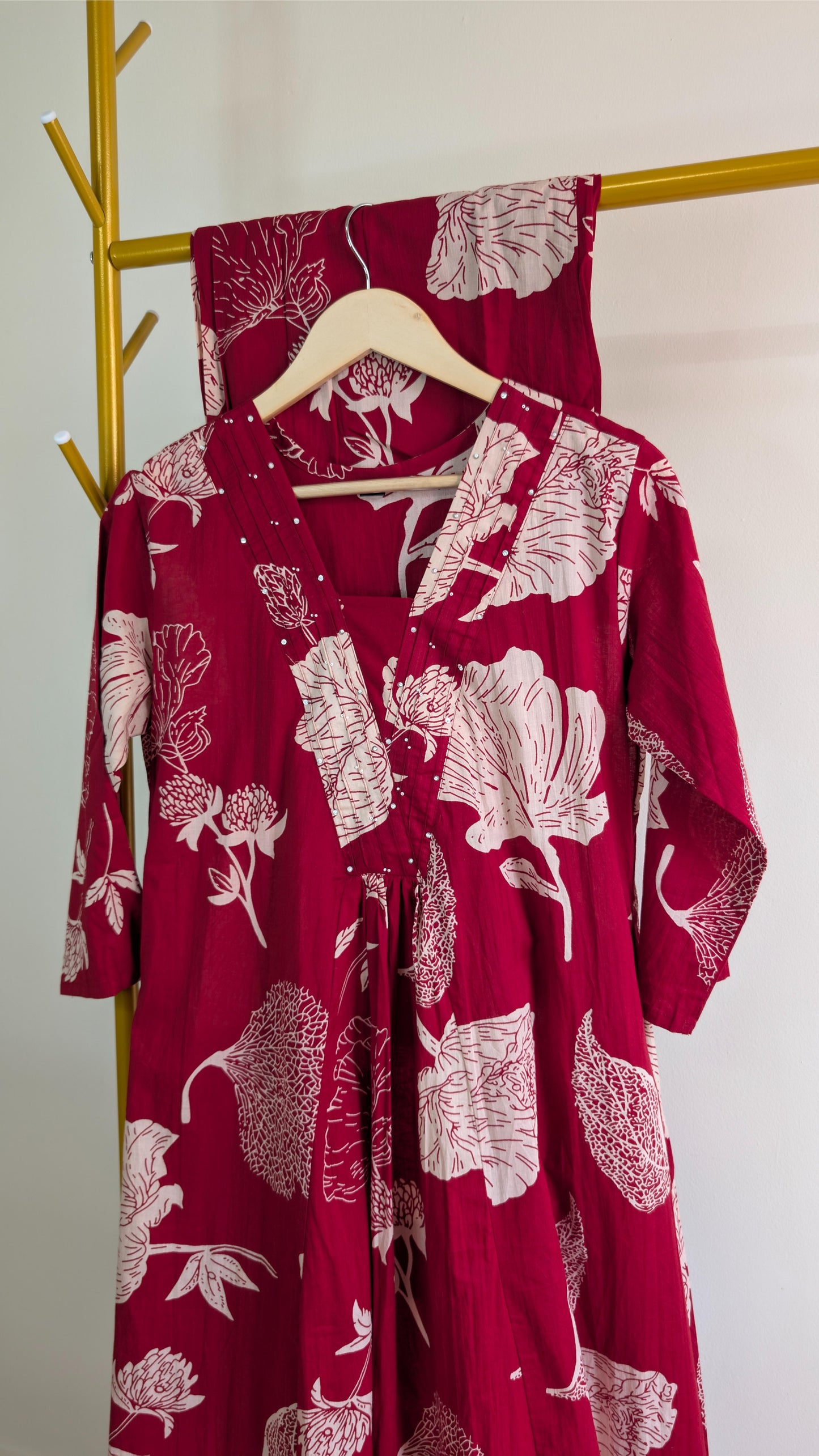 Floral Print Flared Cotton Kurti Set – Mustard Yellow & Red (AC00035)