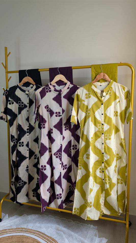 Geometric Print Button-Down Cotton Kurti Set – Multiple Colors Available (AC00036)