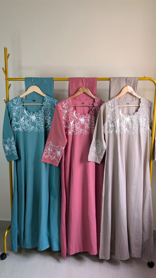 Elegant Embroidered Cotton Kurti Set – Bottle Green, Mauve Pink & Beige (AC00032)
