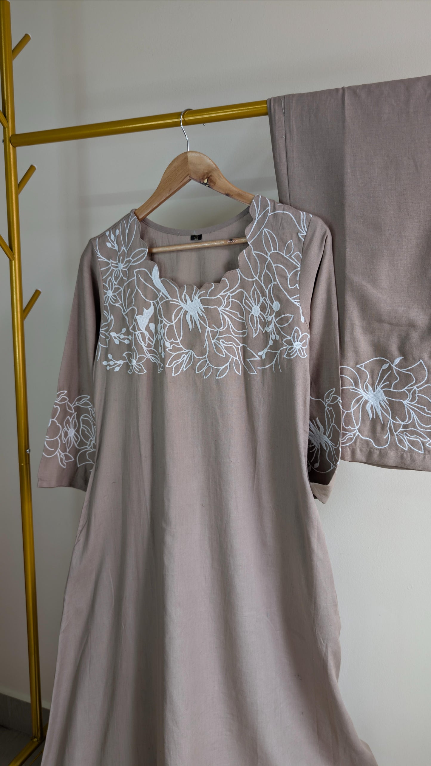 Elegant Embroidered Cotton Kurti Set – Bottle Green, Mauve Pink & Beige (AC00032)