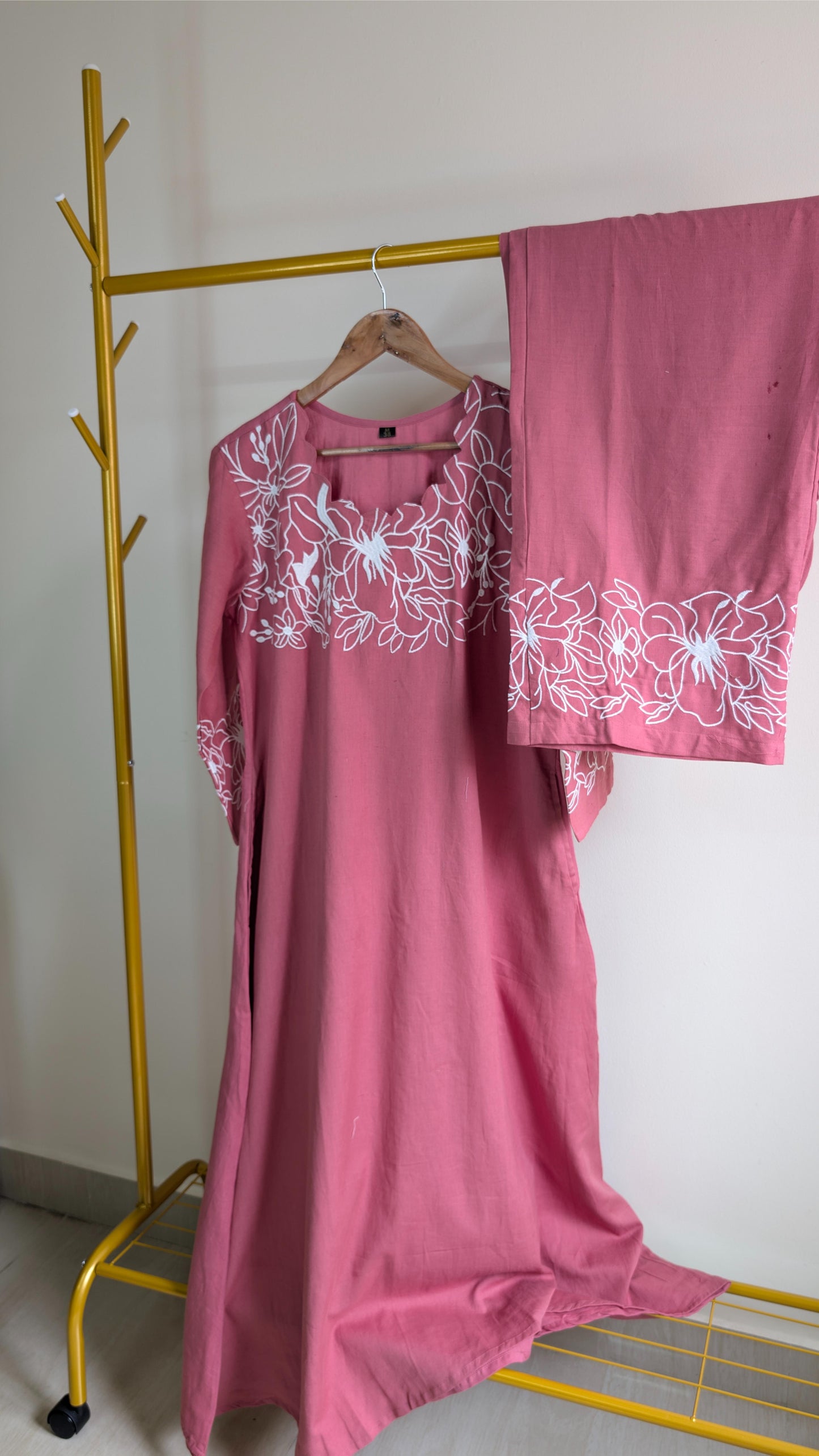Elegant Embroidered Cotton Kurti Set – Bottle Green, Mauve Pink & Beige (AC00032)