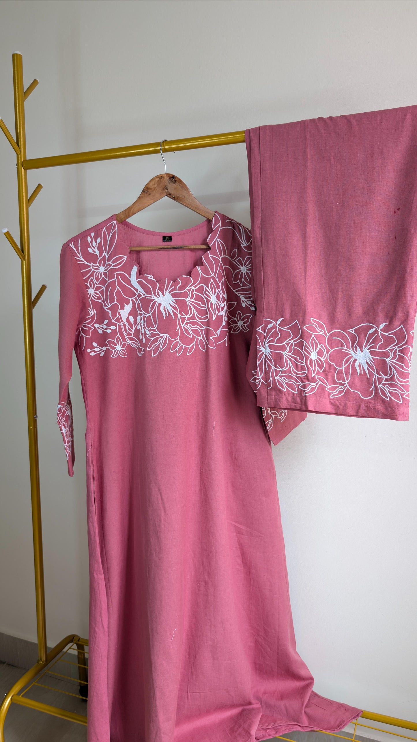 Elegant Embroidered Cotton Kurti Set – Bottle Green, Mauve Pink & Beige (AC00032)