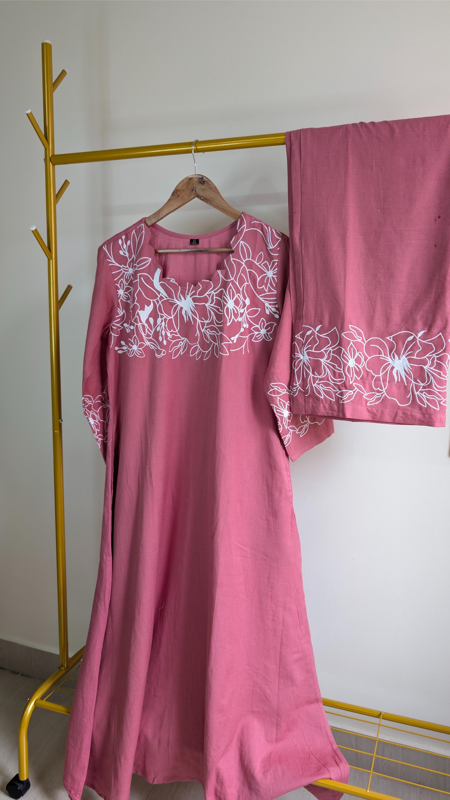 Elegant Embroidered Cotton Kurti Set – Bottle Green, Mauve Pink & Beige (AC00032)