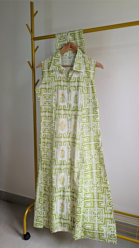 Handblock Printed Cotton A-Line Kurti Set with Attached Sleeves (AC00033)