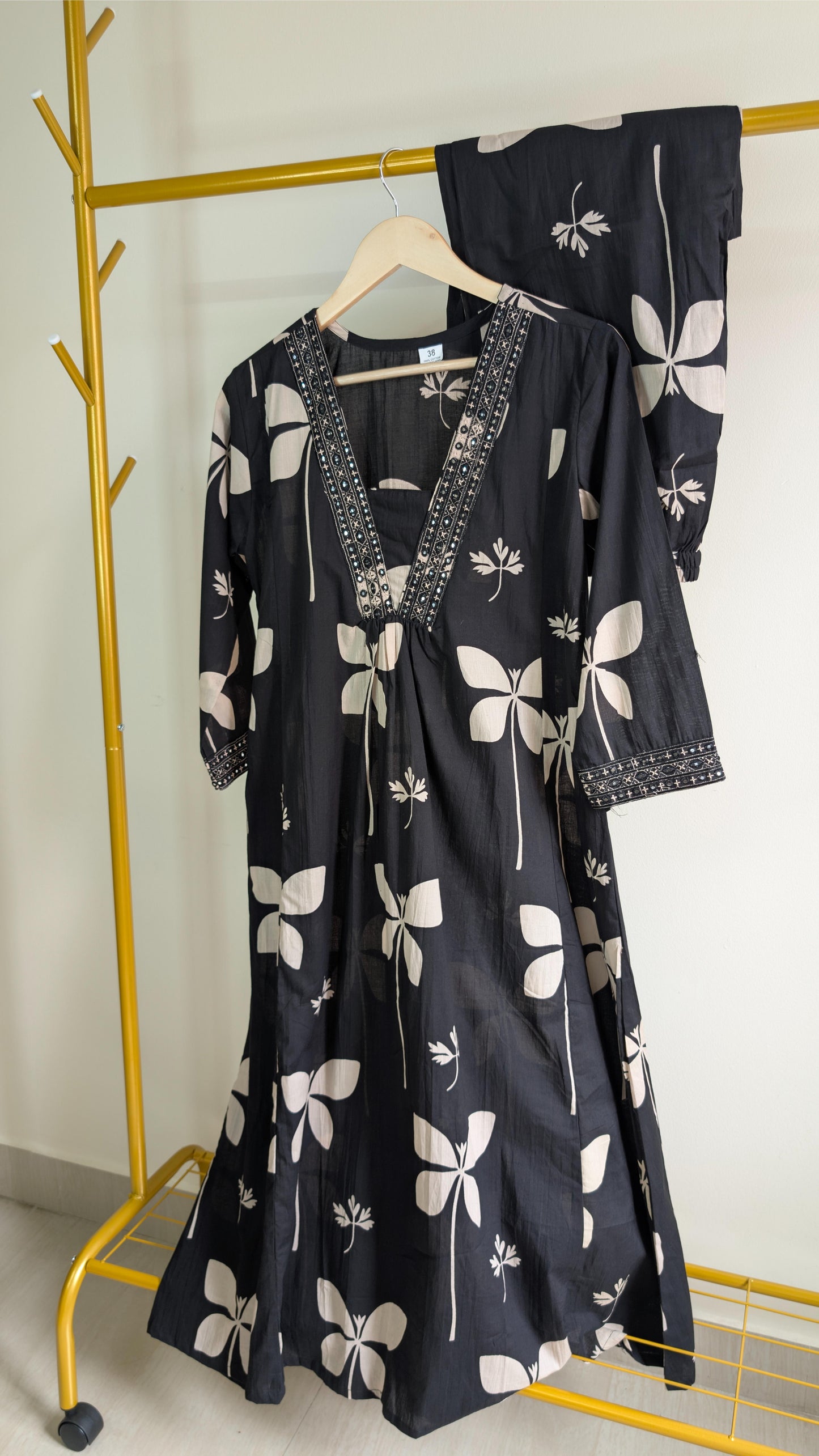 Elegant Black Floral Cotton Kurti Set with Embroidered Neckline (AC00034)