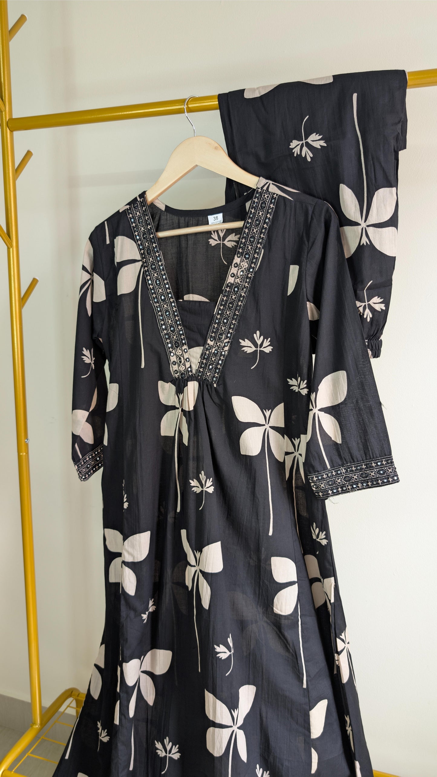 Elegant Black Floral Cotton Kurti Set with Embroidered Neckline (AC00034)