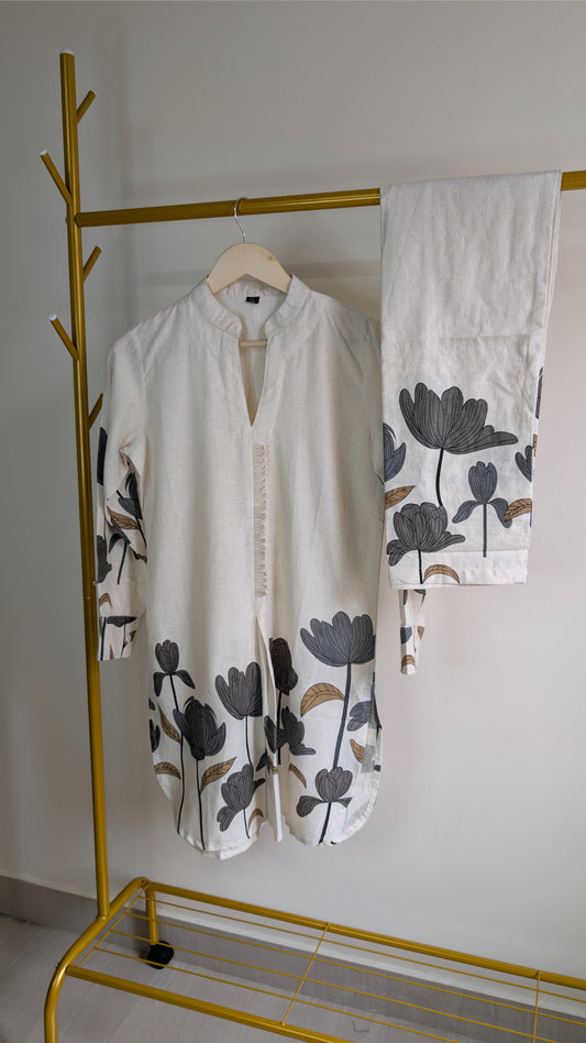 Elegant Off-White Floral Cotton Co-Ord Set with Black & Brown Lotus Print – Straight Fit (AC00037)