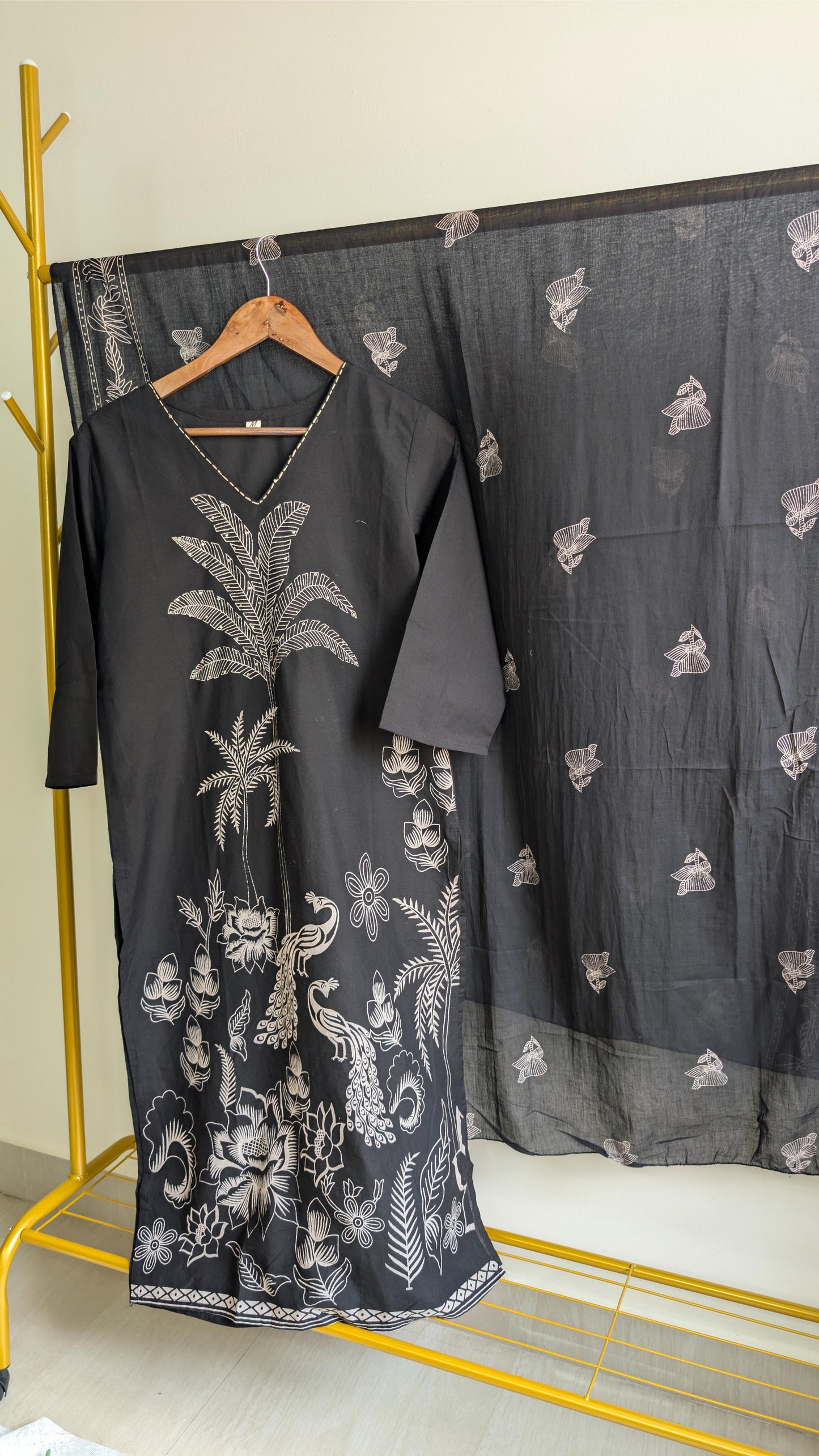 Elegant Peacock & Palm Motif Kurta Sets – Black and Mustard Yellow Cotton with Dupatta (AC00001)