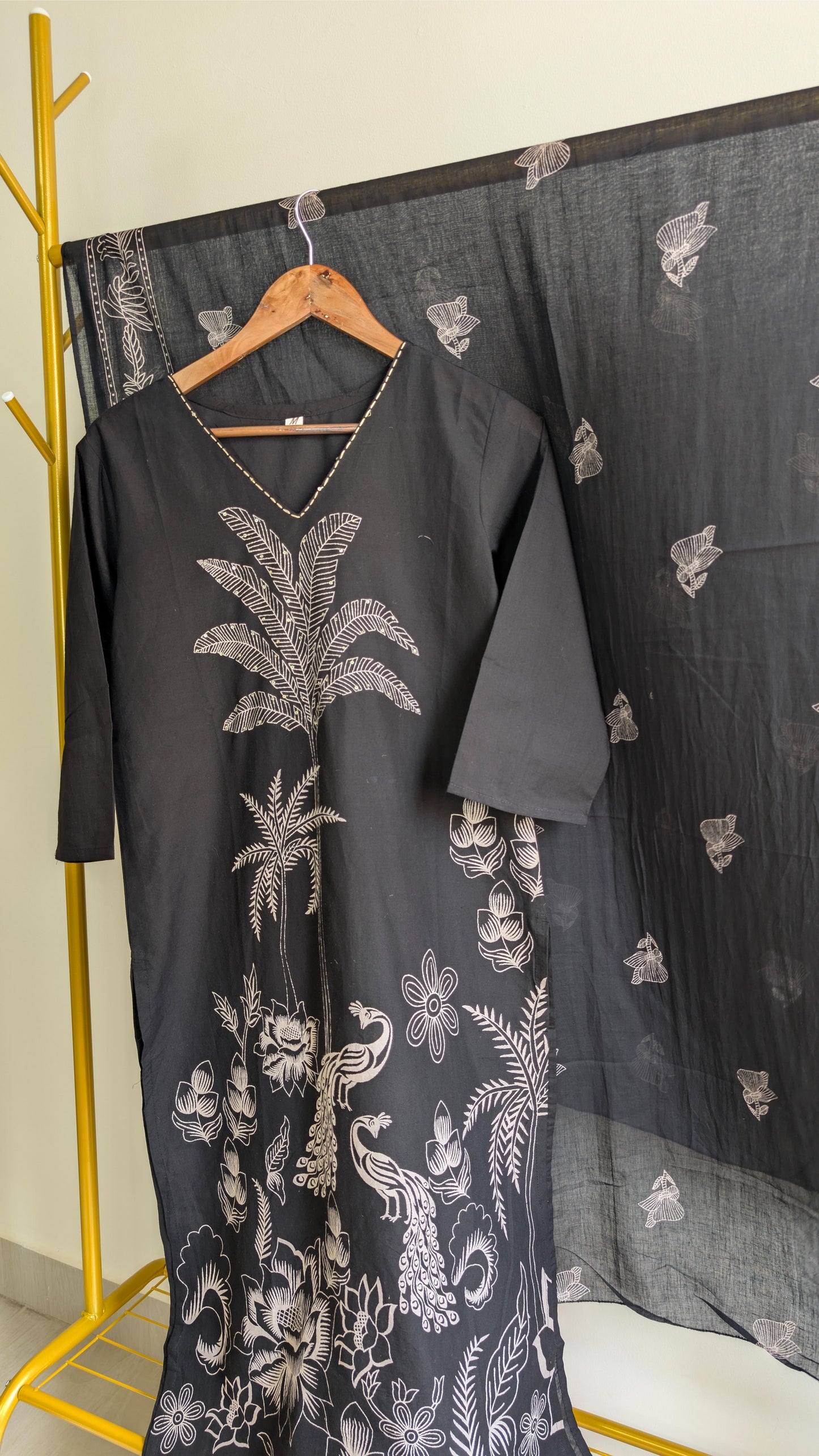 Elegant Peacock & Palm Motif Kurta Sets – Black and Mustard Yellow Cotton with Dupatta (AC00001)