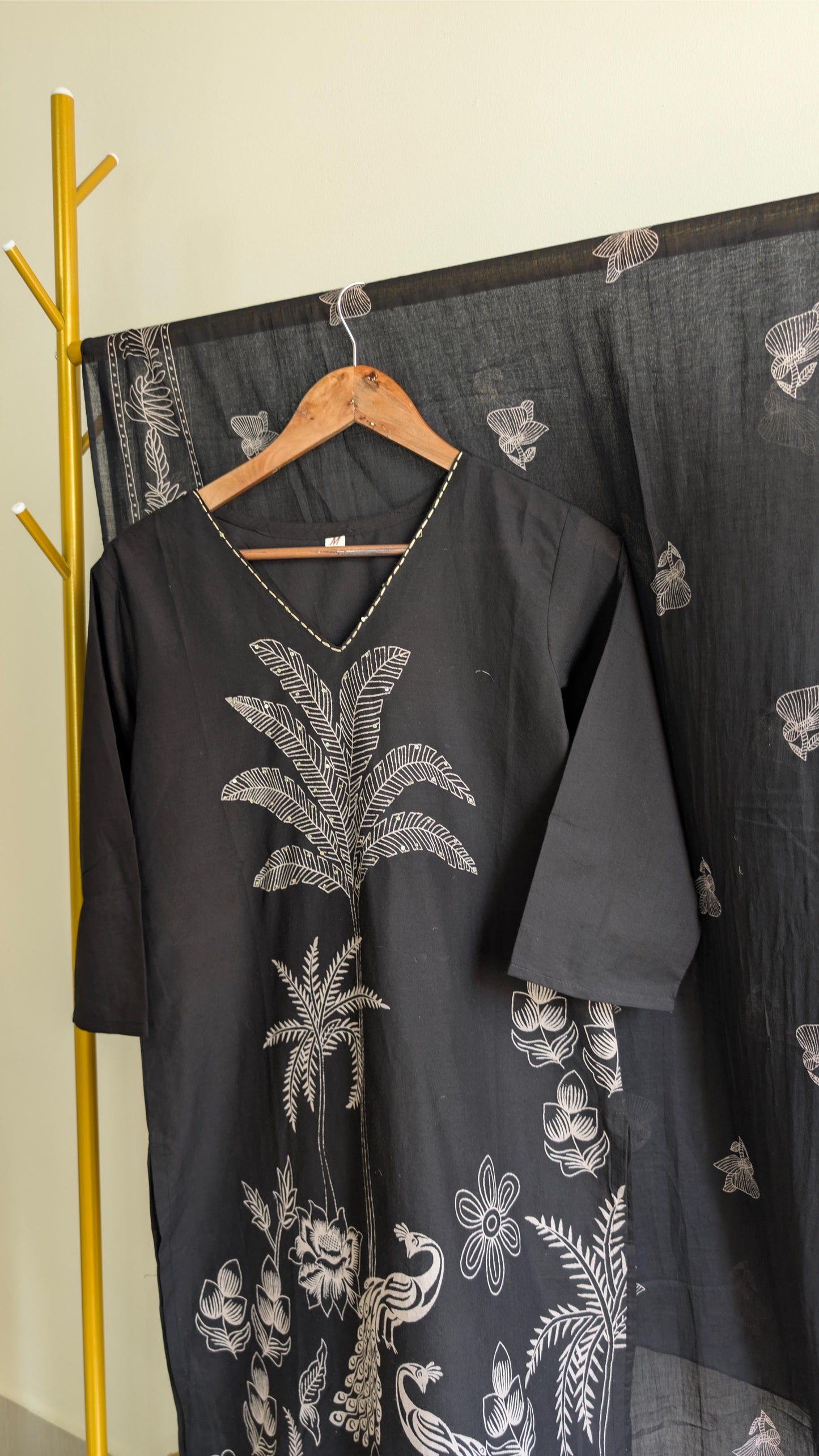 Elegant Peacock & Palm Motif Kurta Sets – Black and Mustard Yellow Cotton with Dupatta (AC00001)