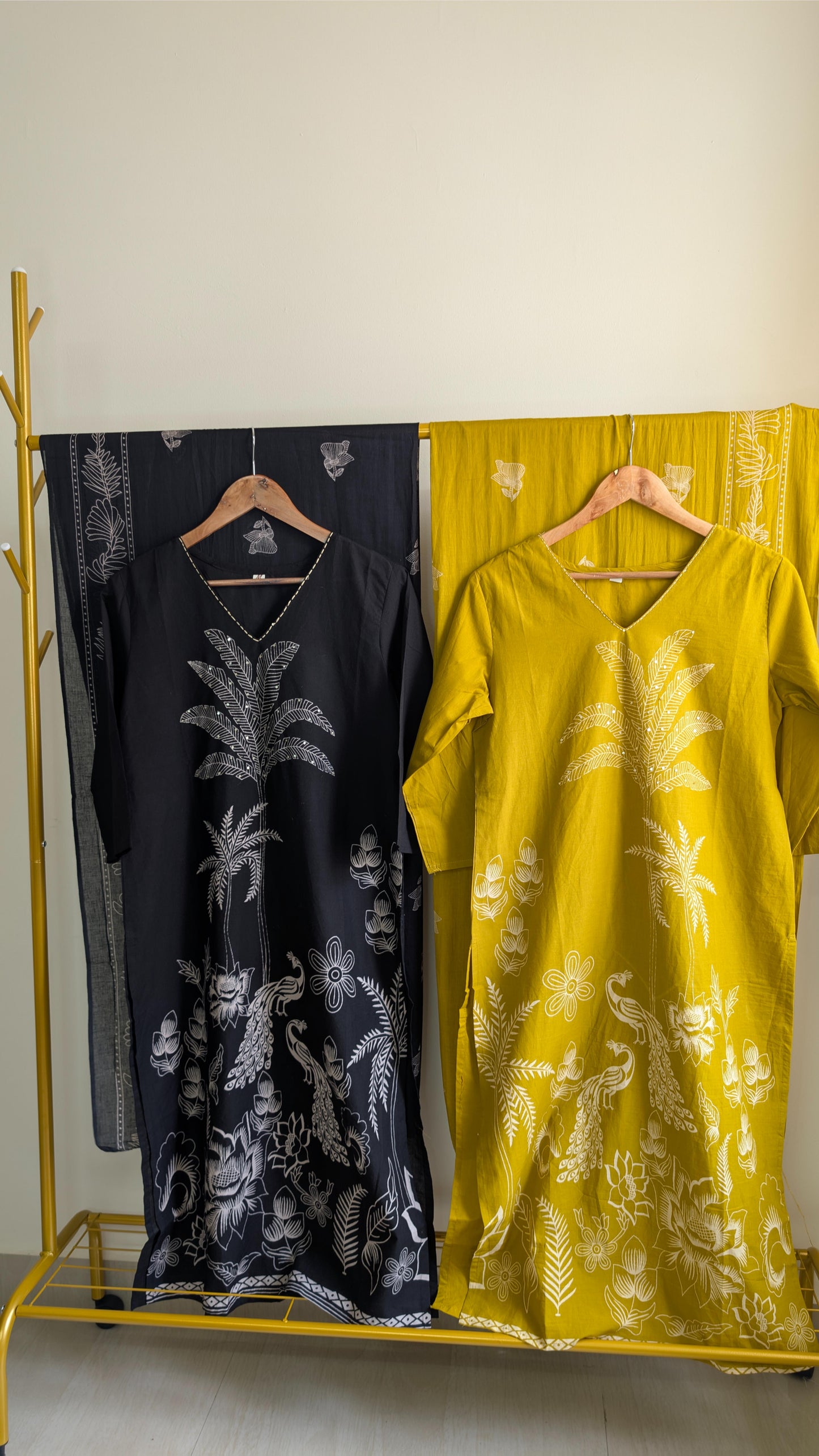 Elegant Peacock & Palm Motif Kurta Sets – Black and Mustard Yellow Cotton with Dupatta (AC00001)