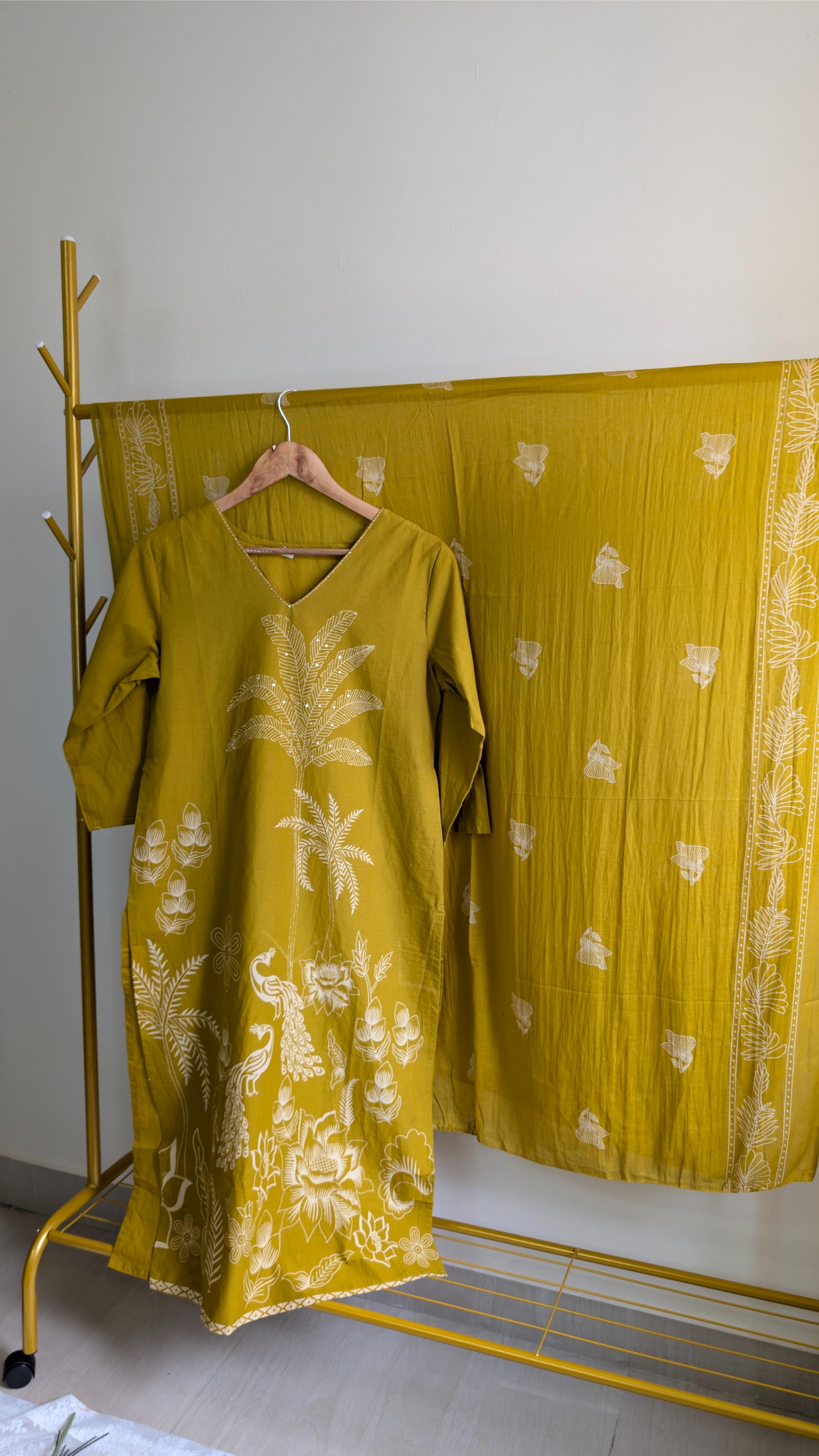 Elegant Peacock & Palm Motif Kurta Sets – Black and Mustard Yellow Cotton with Dupatta (AC00001)