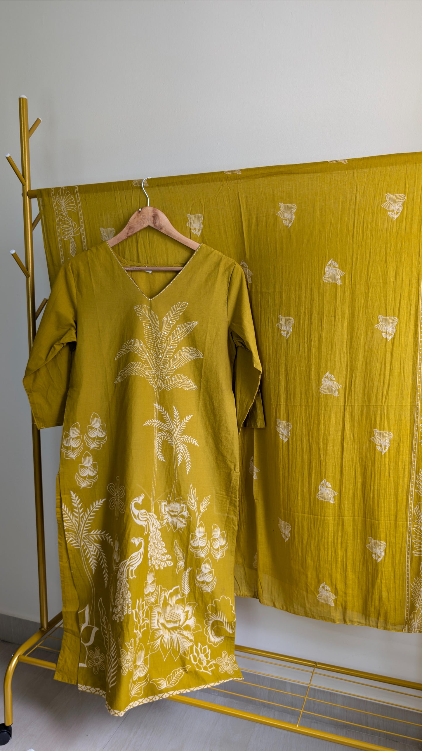 Elegant Peacock & Palm Motif Kurta Sets – Black and Mustard Yellow Cotton with Dupatta (AC00001)