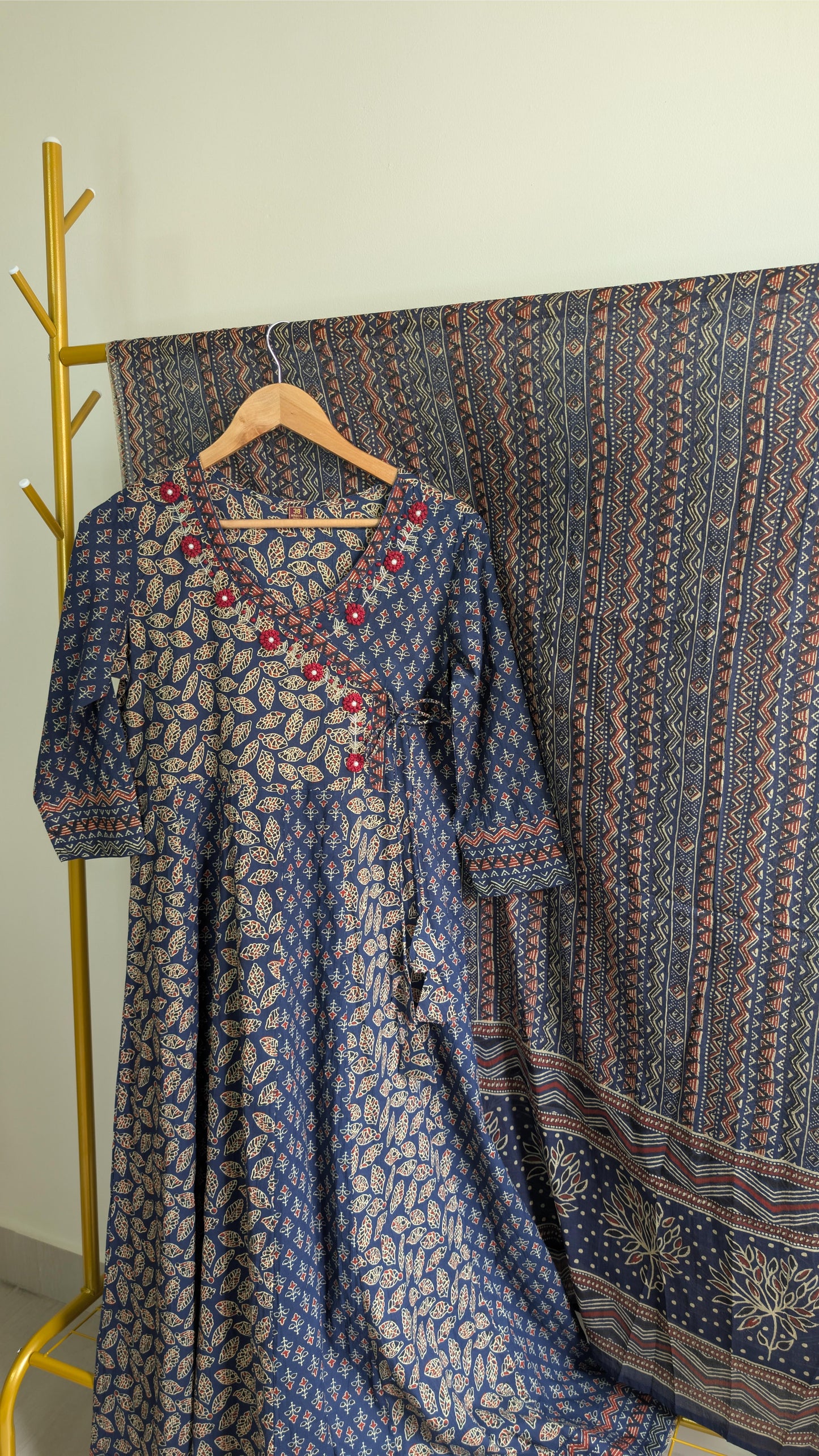 Handblock Printed Cotton Anarkali Kurti with Dupatta – Red & Blue (AC00043)