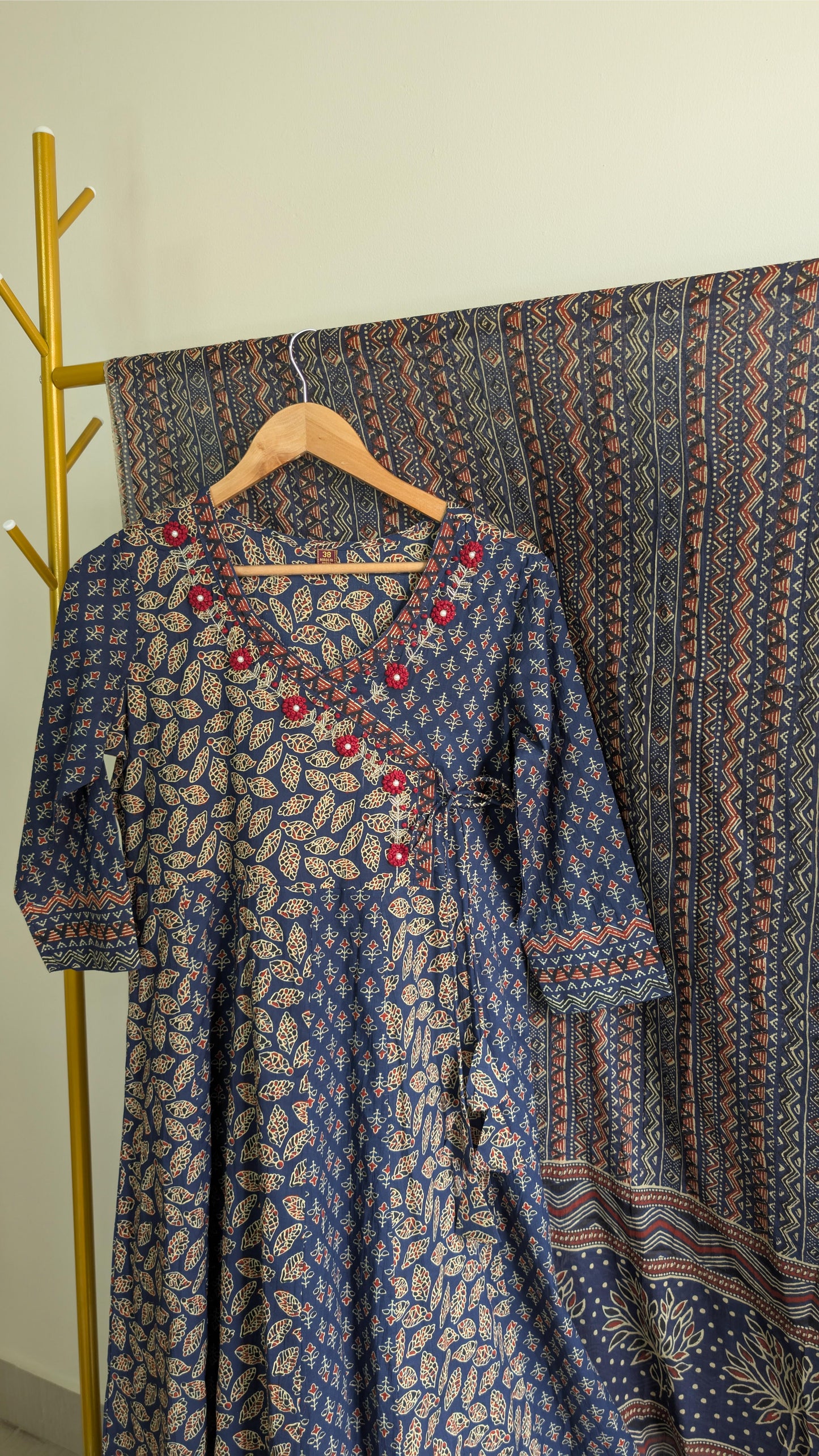 Handblock Printed Cotton Anarkali Kurti with Dupatta – Red & Blue (AC00043)