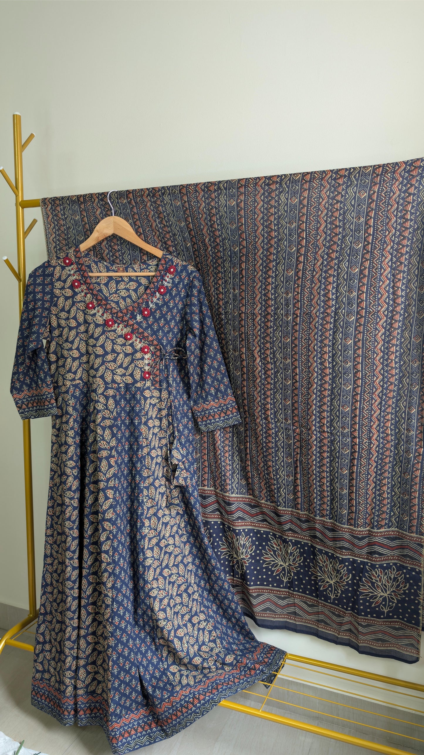 Handblock Printed Cotton Anarkali Kurti with Dupatta – Red & Blue (AC00043)