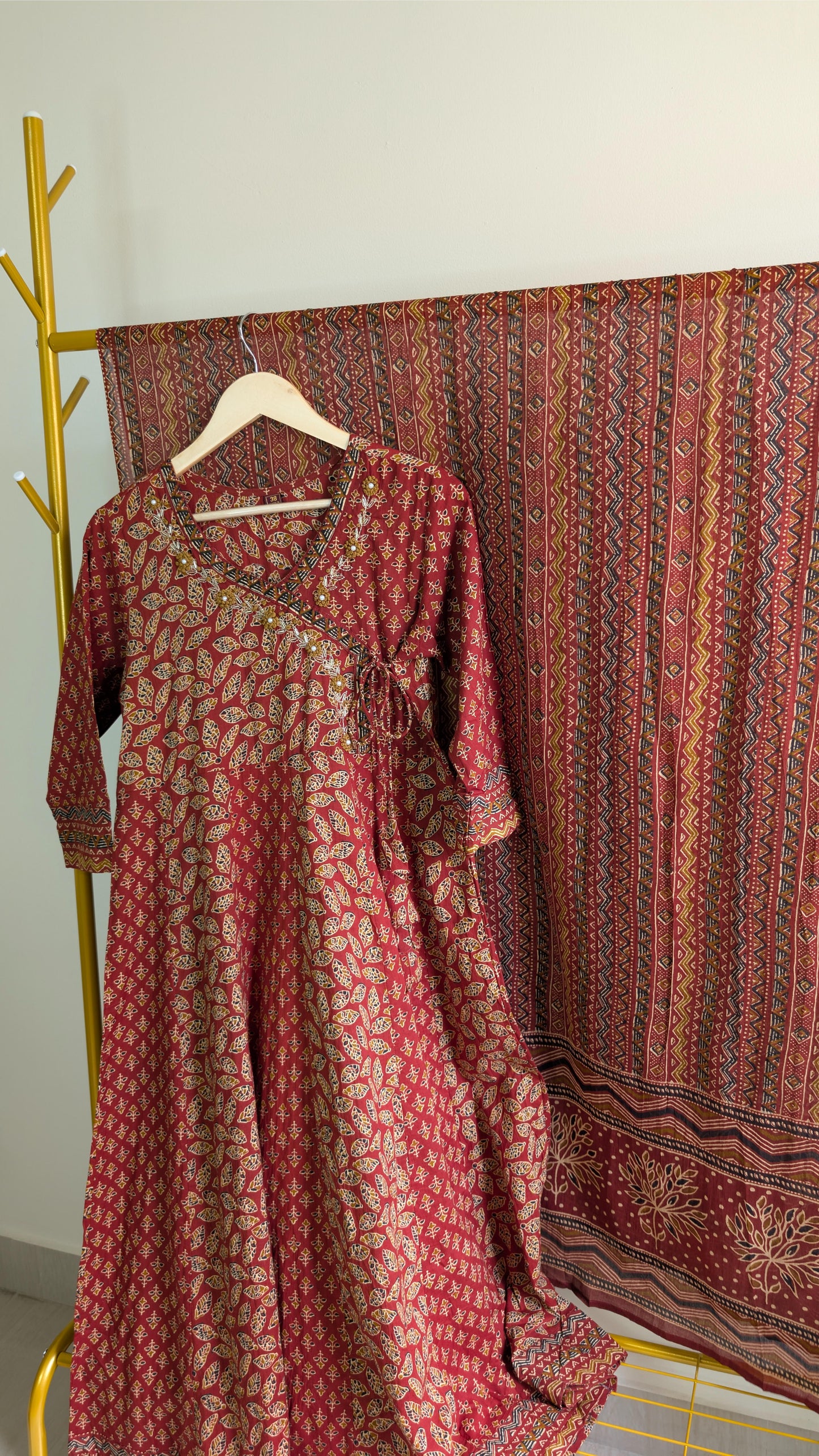 Handblock Printed Cotton Anarkali Kurti with Dupatta – Red & Blue (AC00043)