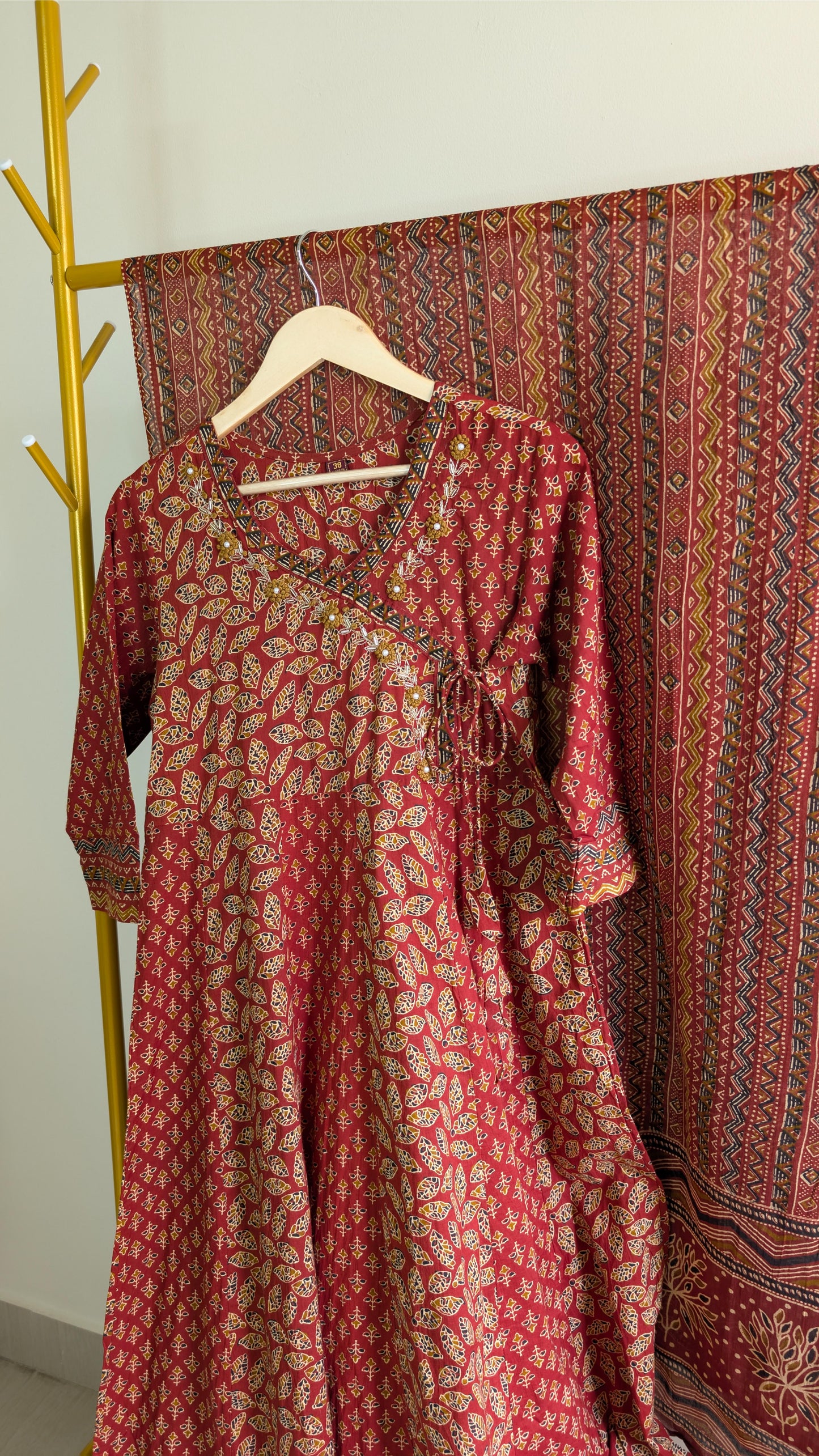 Handblock Printed Cotton Anarkali Kurti with Dupatta – Red & Blue (AC00043)