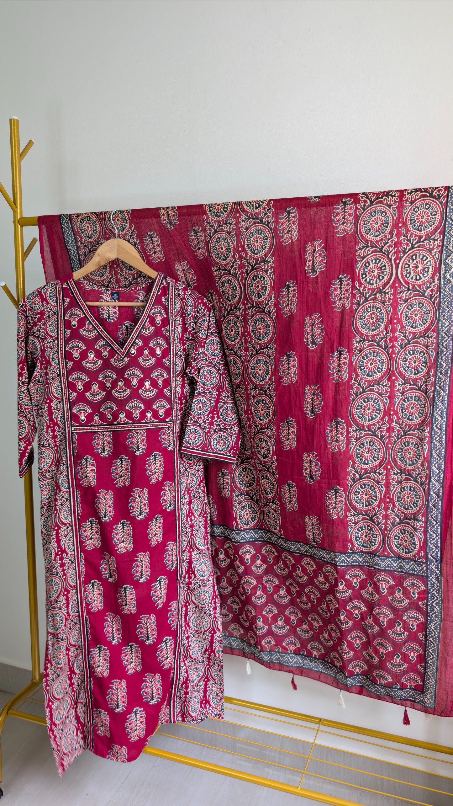 Elegant Maroon Ajrakh Print Cotton Kurta Set with Dupatta – Traditional Hand Block Design (AC00040)