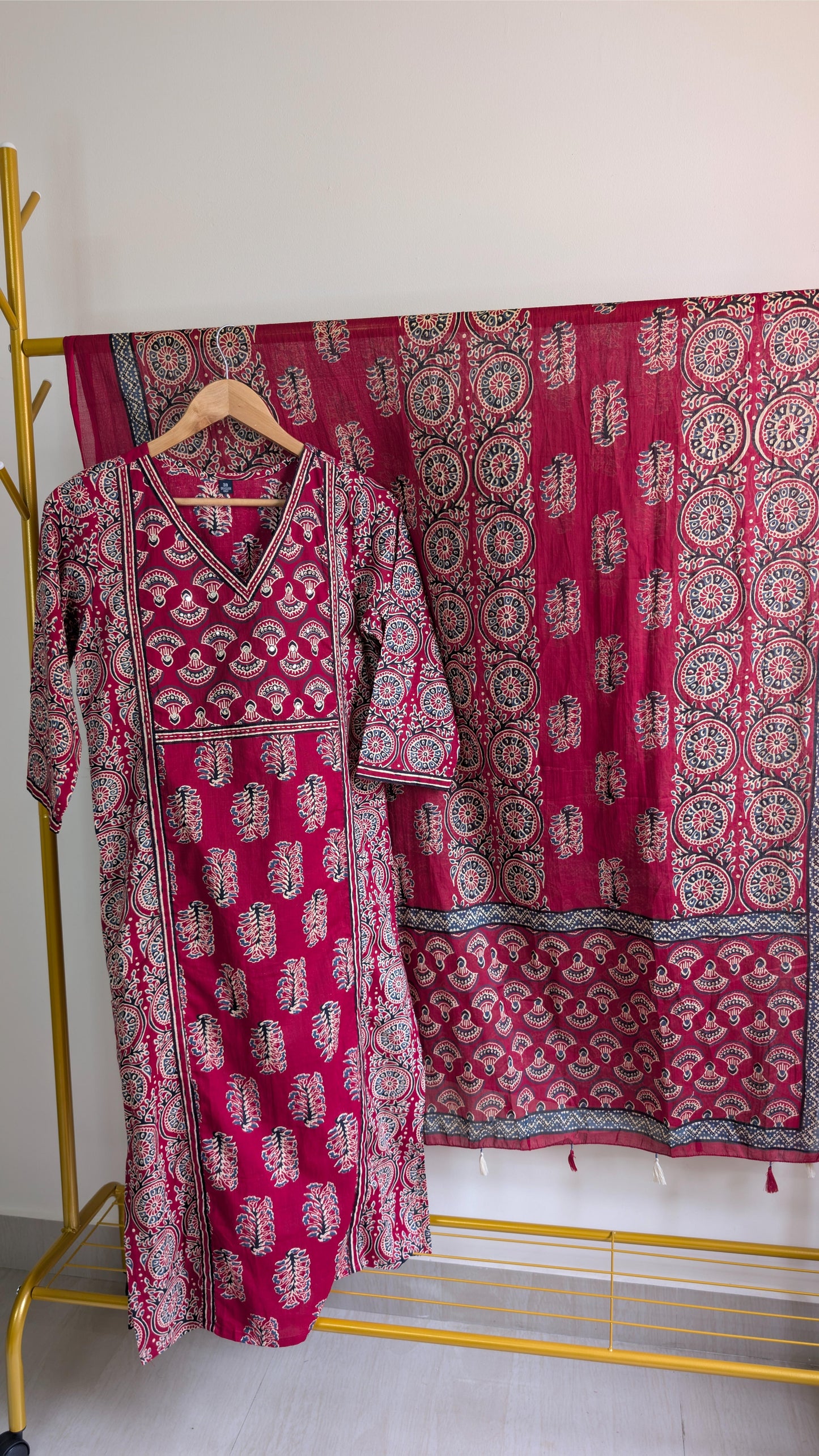Elegant Maroon Ajrakh Print Cotton Kurta Set with Dupatta – Traditional Hand Block Design (AC00040)