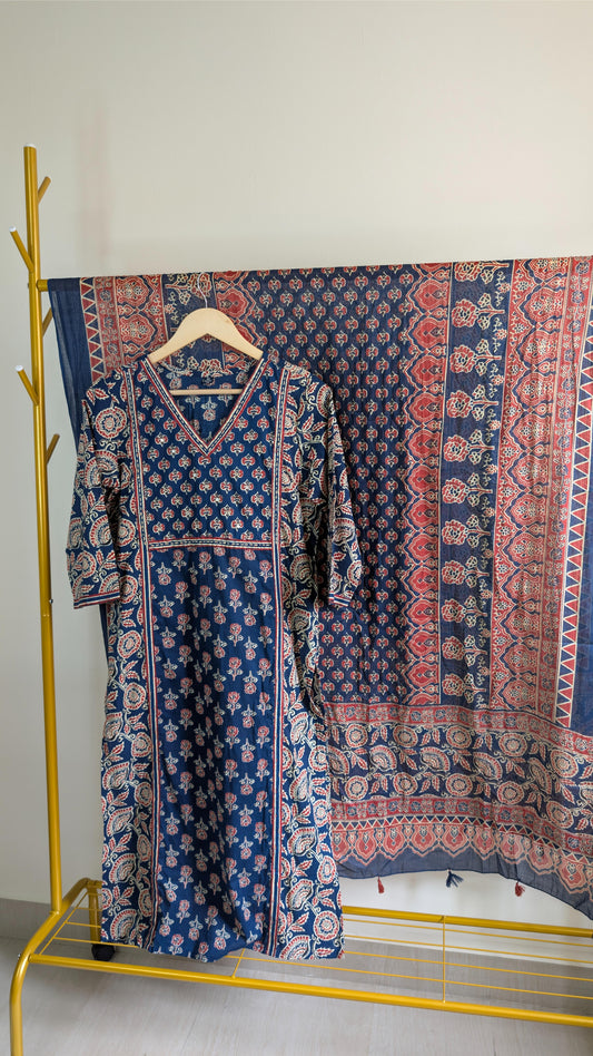 Traditional Indigo Blue Cotton Kurta Set with Dupatta – Ajrakh-Inspired Hand Block Print (AC00039)