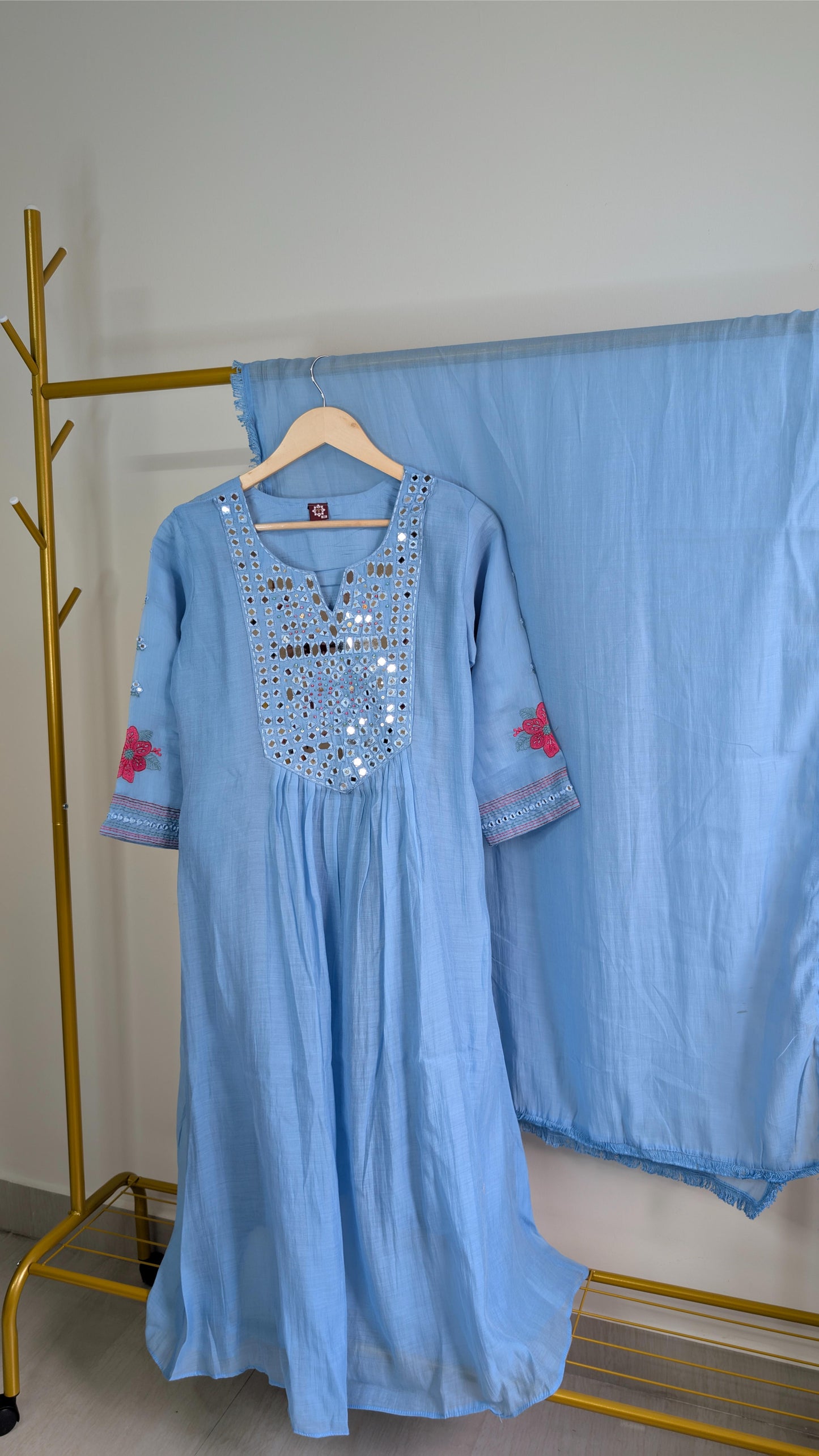 Vibrant Mirror Work Mul Chanderi Kurti Sets – Sky Blue & Yellow | Festive & Daily Wear (AC00026)