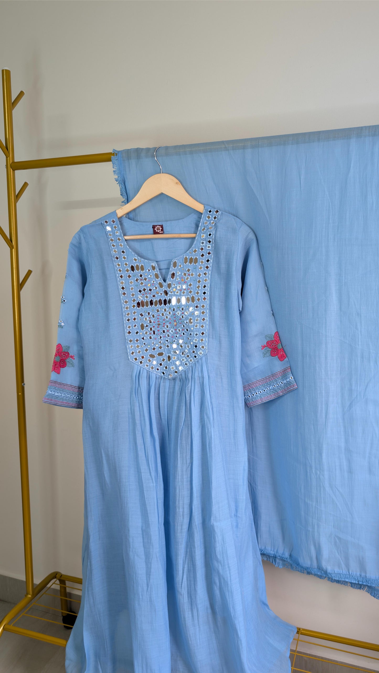 Vibrant Mirror Work Mul Chanderi Kurti Sets – Sky Blue & Yellow | Festive & Daily Wear (AC00026)