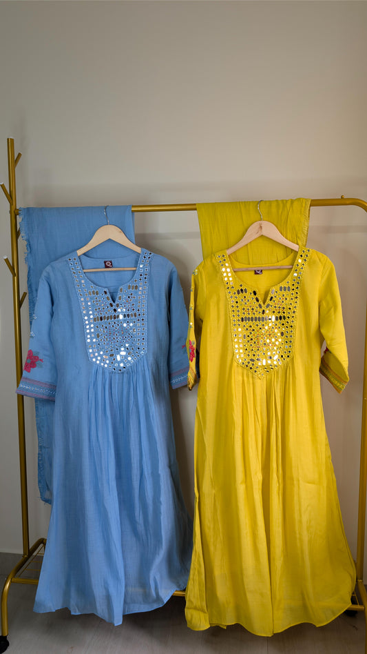 Vibrant Mirror Work Mul Chanderi Kurti Sets – Sky Blue & Yellow | Festive & Daily Wear (AC00026)