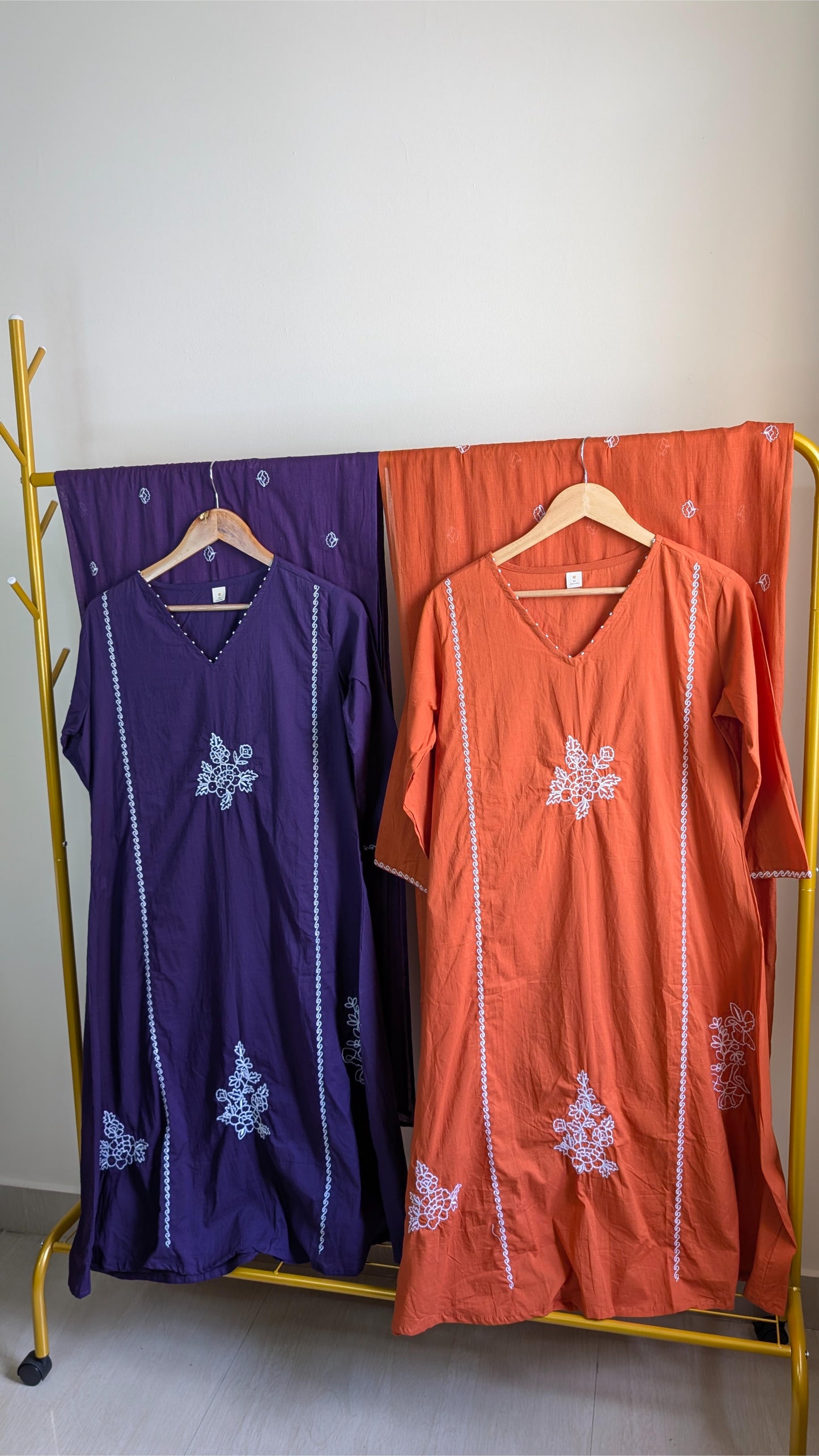 Premium Mul Cotton 3-Piece Kurti Set for Women – Soft & Breathable Ethnic Wear in Orange & Purple (AC00031)