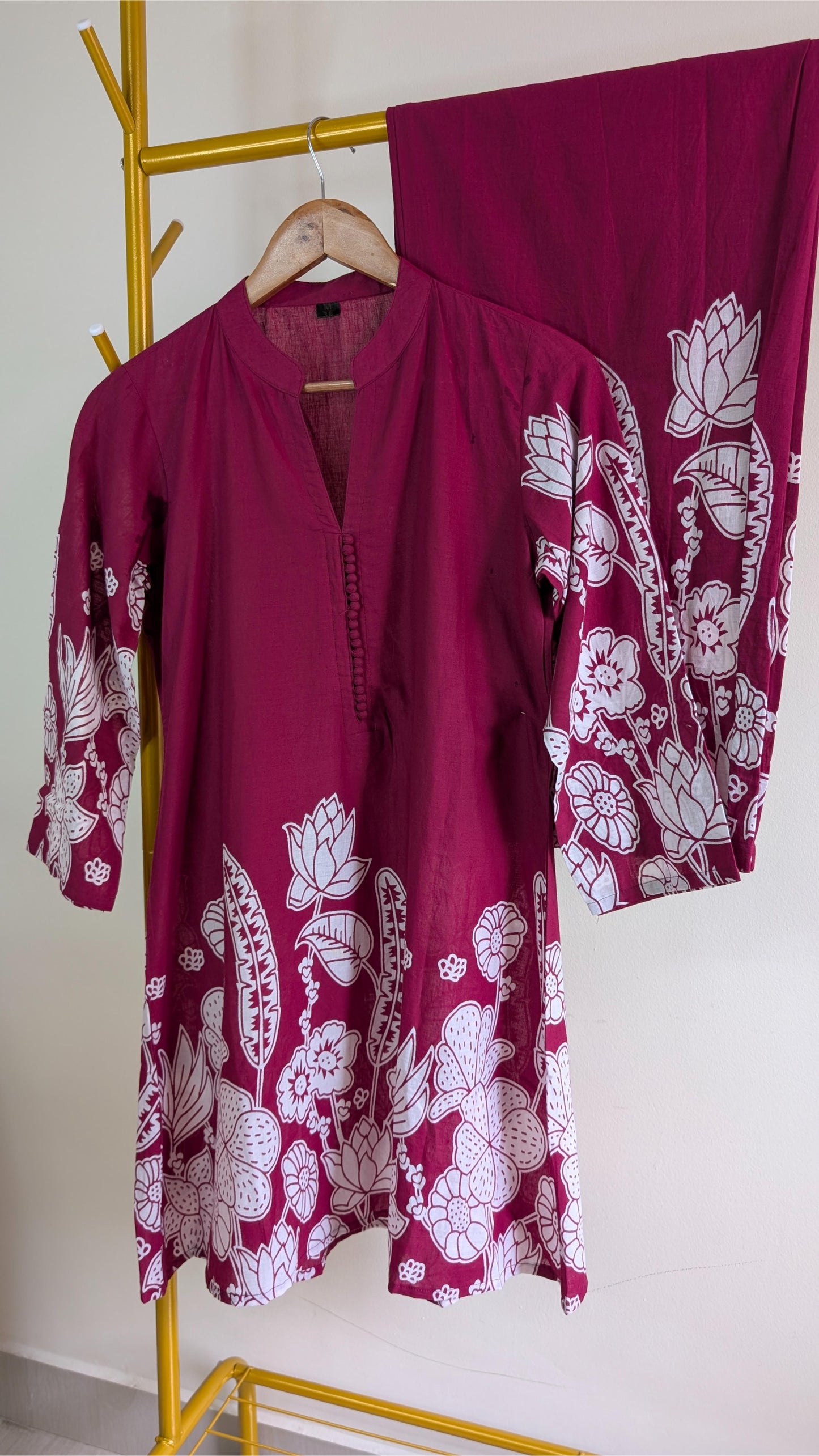 Elegant Maroon Cotton Co-ord Set with White Floral Print – Comfortable Ethnic Wear (AC00050)