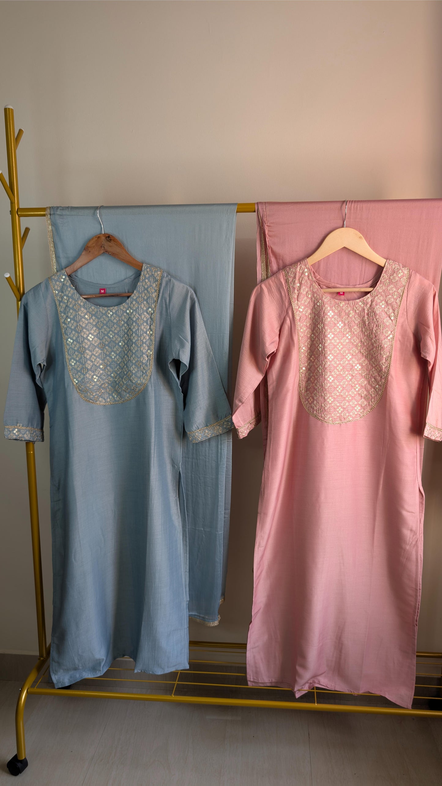 Chinnon 3-Piece Embroidered Kurti Set in Pink & Blue (AC00048)