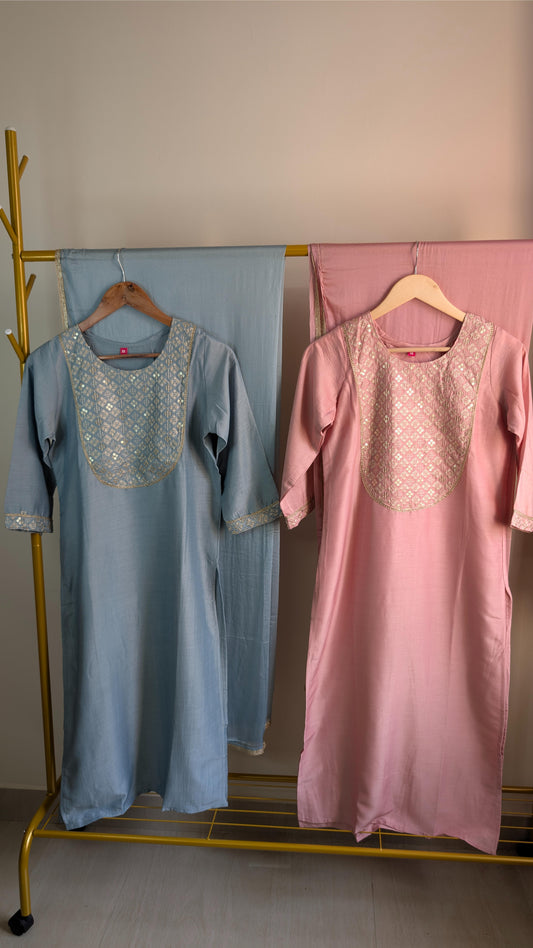 Chinnon 3-Piece Embroidered Kurti Set in Pink & Blue (AC00048)
