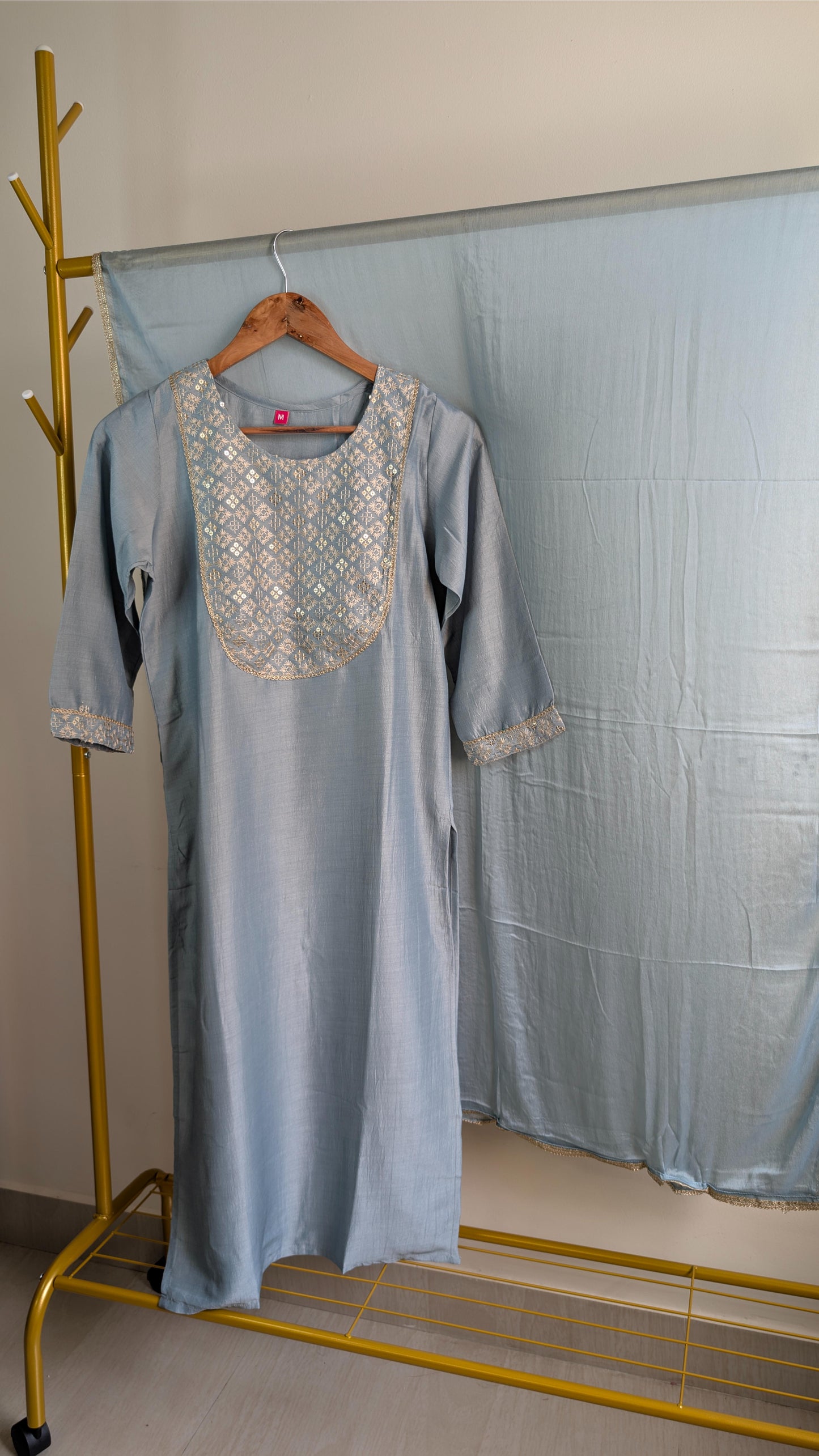 Chinnon 3-Piece Embroidered Kurti Set in Pink & Blue (AC00048)