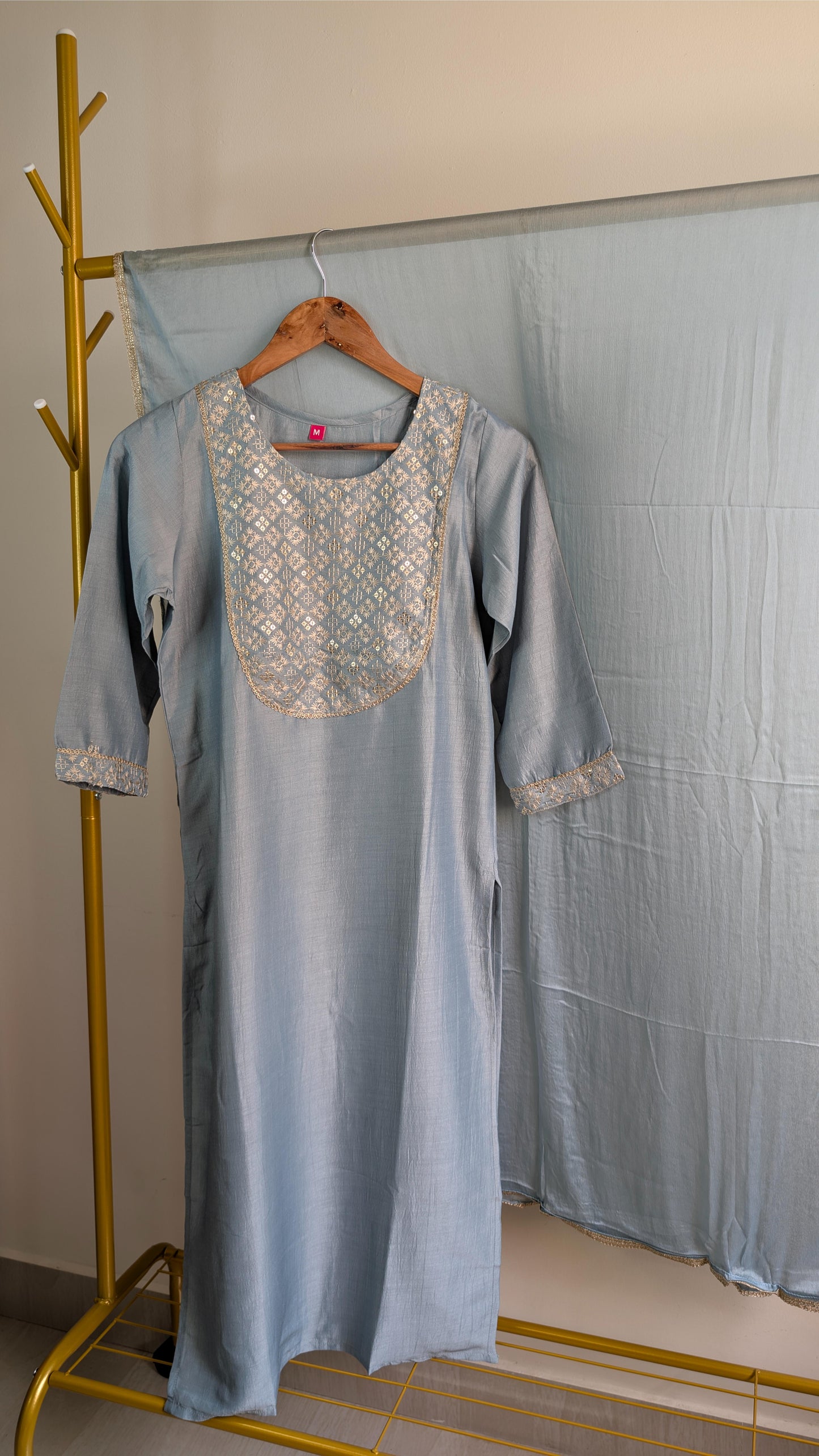 Chinnon 3-Piece Embroidered Kurti Set in Pink & Blue (AC00048)