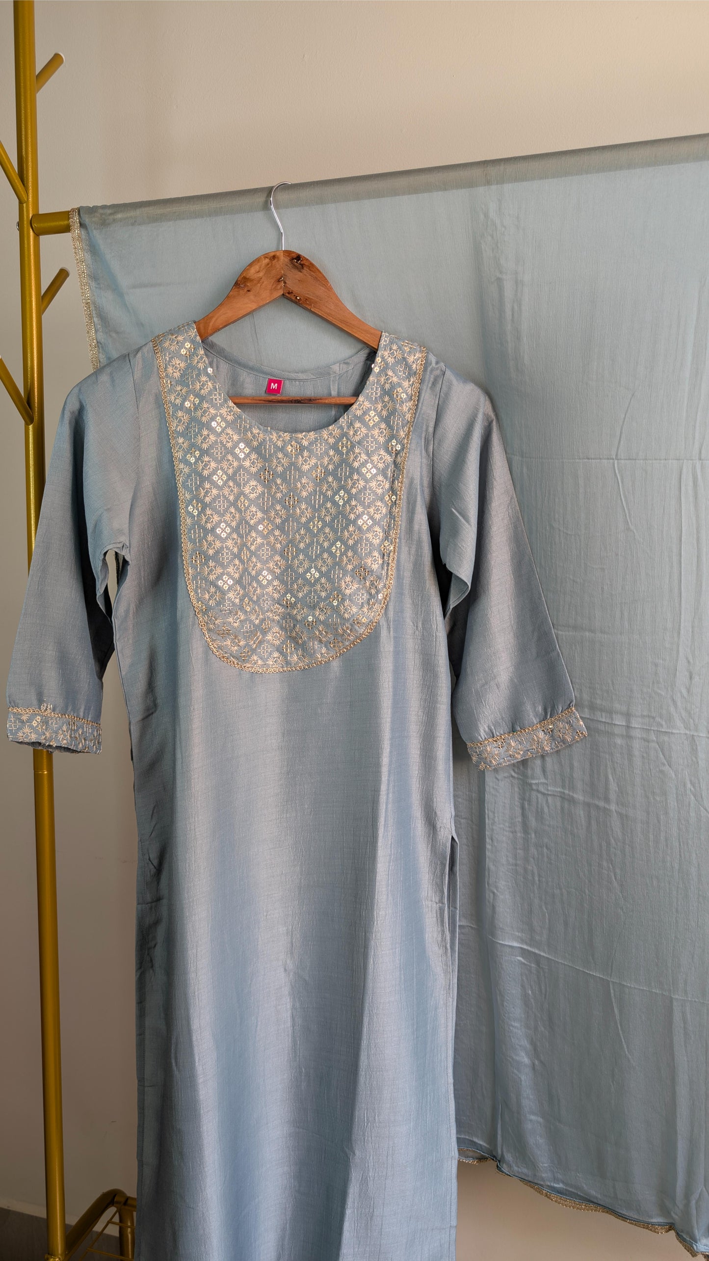 Chinnon 3-Piece Embroidered Kurti Set in Pink & Blue (AC00048)