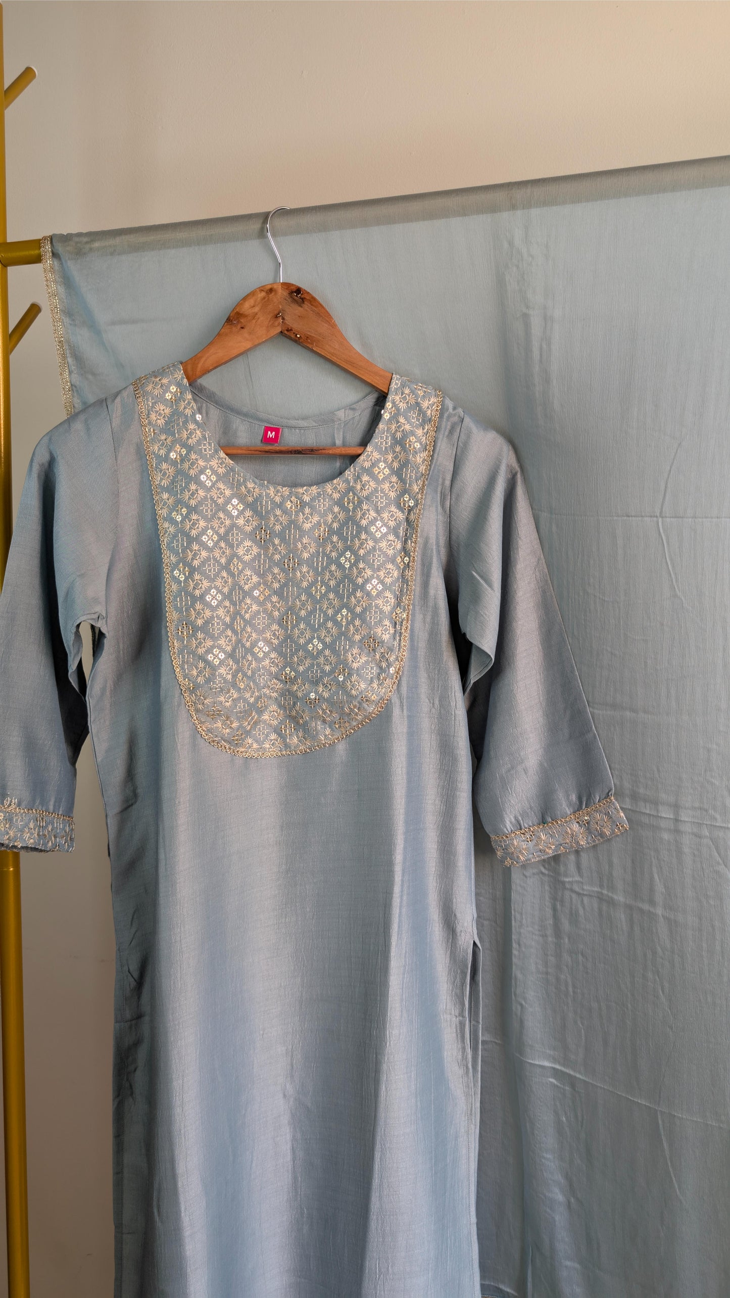 Chinnon 3-Piece Embroidered Kurti Set in Pink & Blue (AC00048)