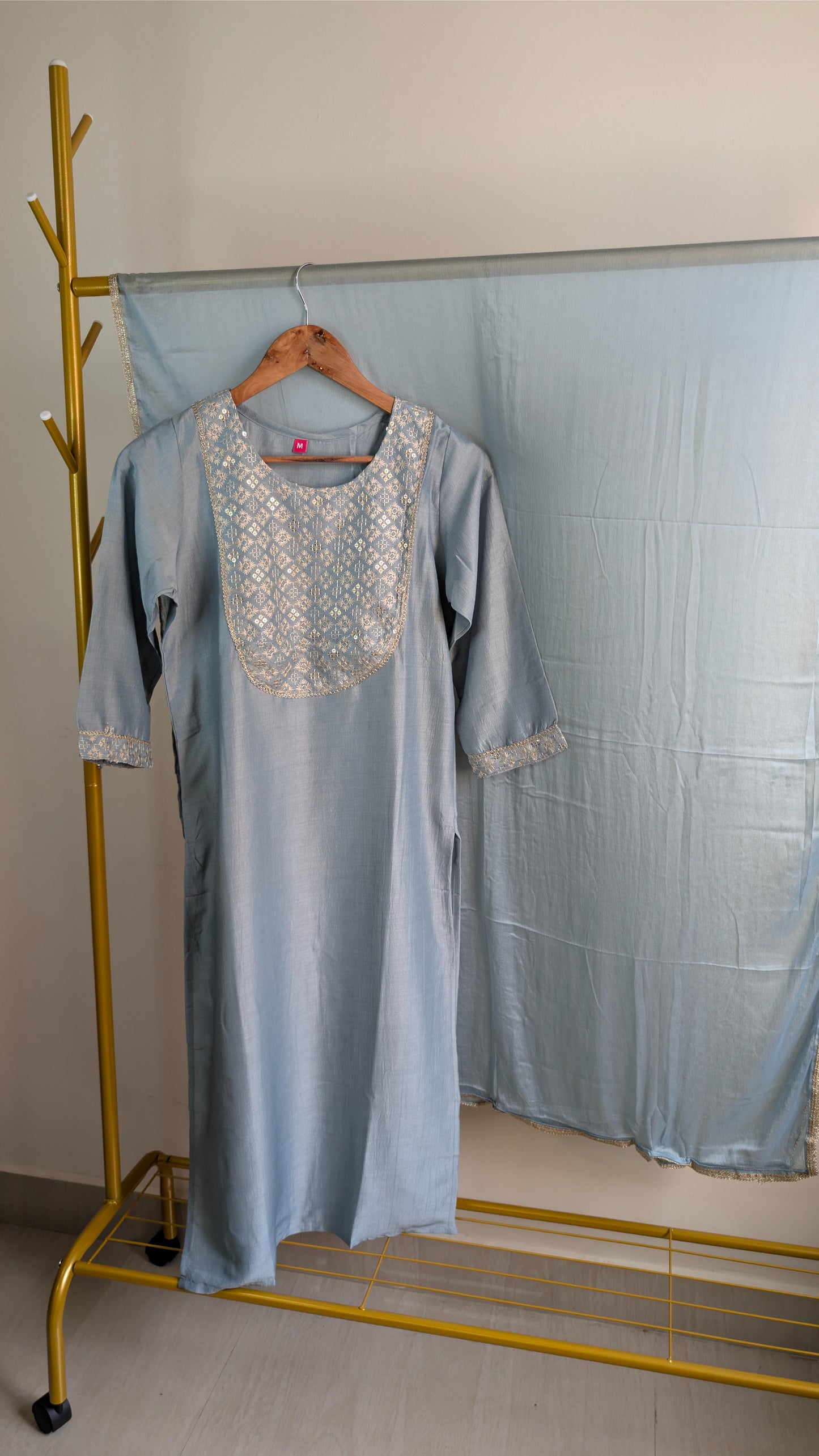 Chinnon 3-Piece Embroidered Kurti Set in Pink & Blue (AC00048)