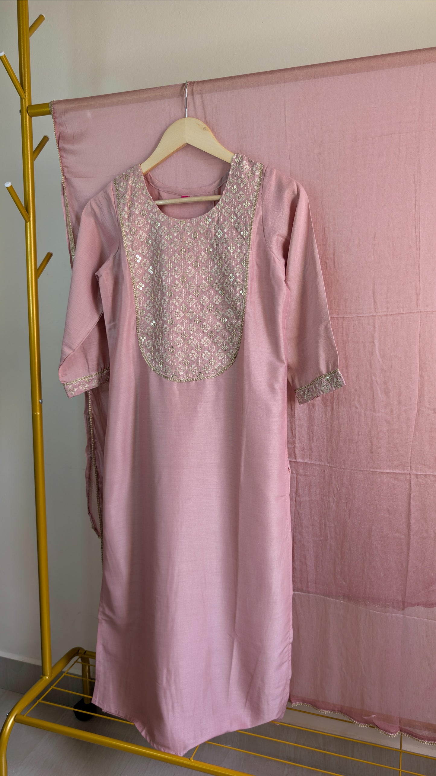 Chinnon 3-Piece Embroidered Kurti Set in Pink & Blue (AC00048)