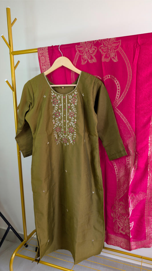 Mehendi Green Embroidered Kurta Set with Contrast Pink Banarasi Dupatta | Elegant Festive Wear for Women (AC00057)