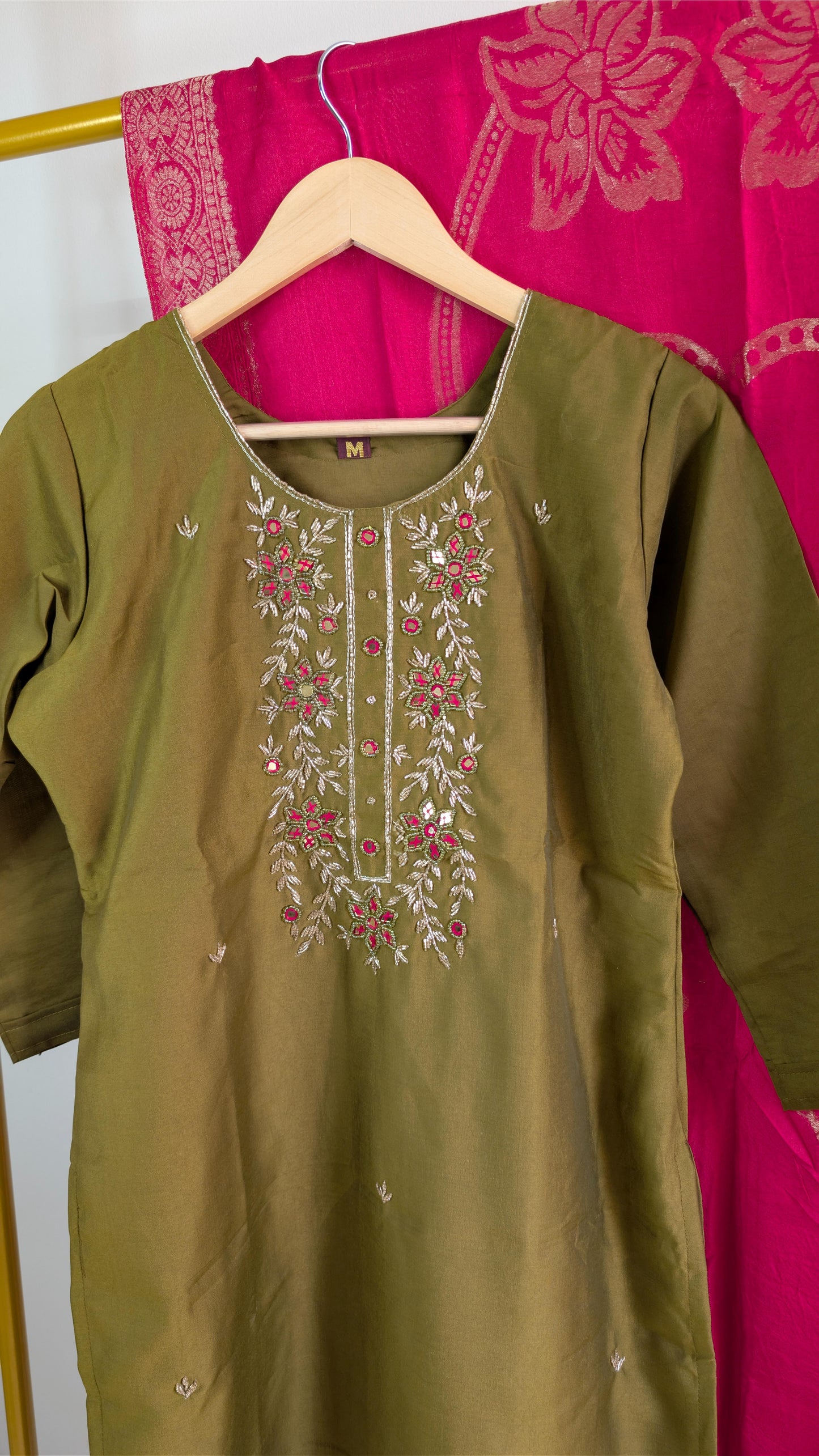 Mehendi Green Embroidered Kurta Set with Contrast Pink Banarasi Dupatta | Elegant Festive Wear for Women (AC00057)