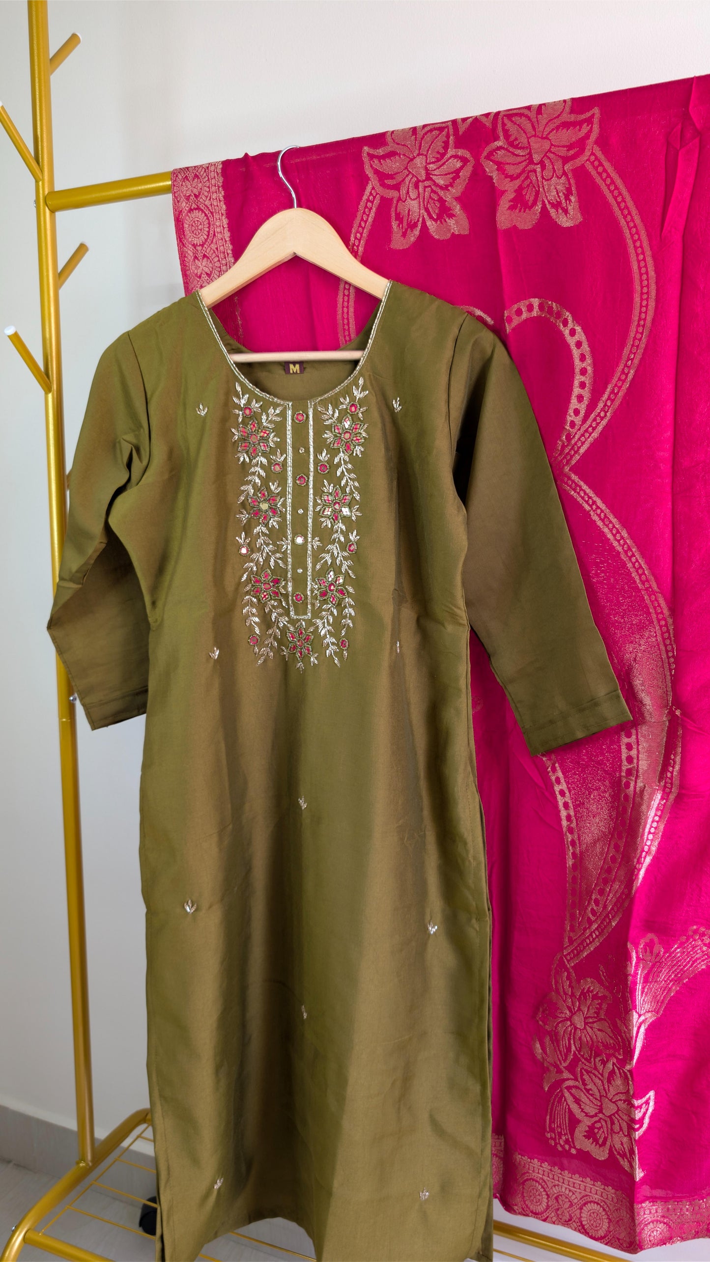 Mehendi Green Embroidered Kurta Set with Contrast Pink Banarasi Dupatta | Elegant Festive Wear for Women (AC00057)
