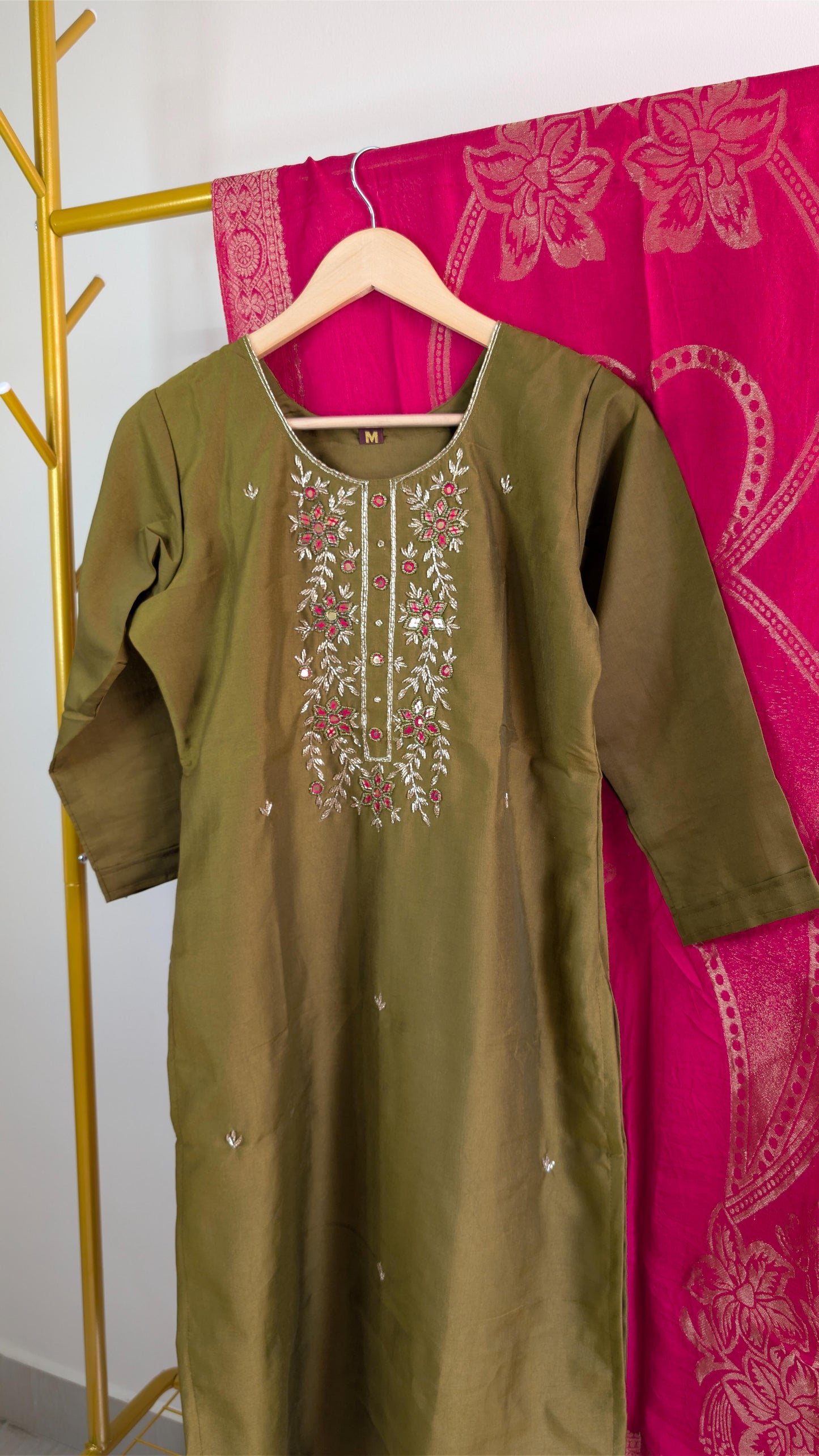 Mehendi Green Embroidered Kurta Set with Contrast Pink Banarasi Dupatta | Elegant Festive Wear for Women (AC00057)